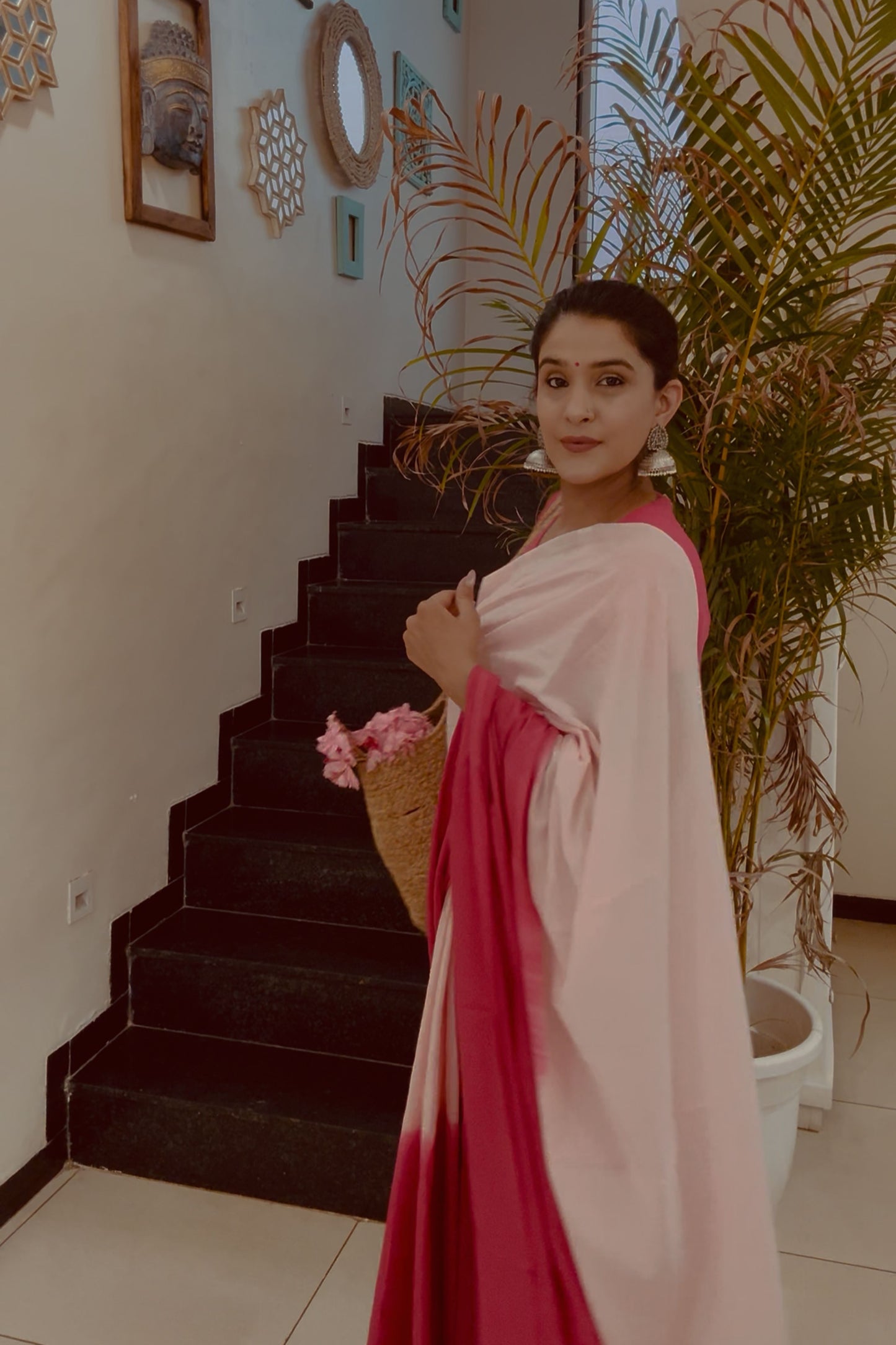 Blush & Bold Ombre Pink Saree - Hand Blocked - House Of Kaura