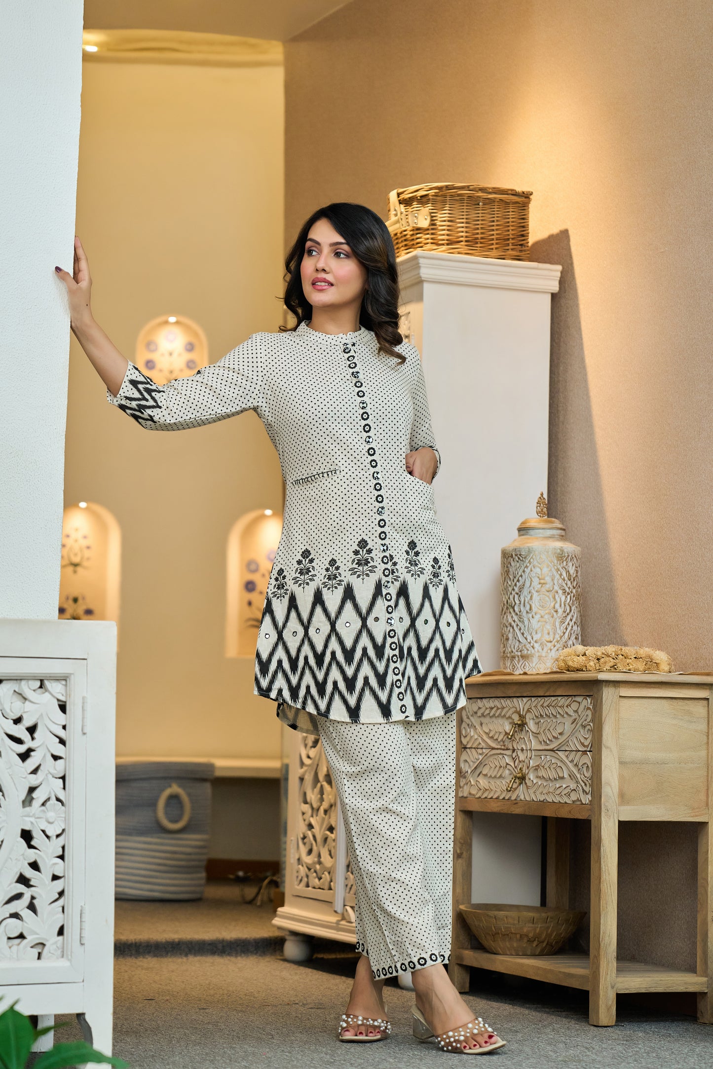 Black Cotton Co-ord Set with Dot Design and Embroidery