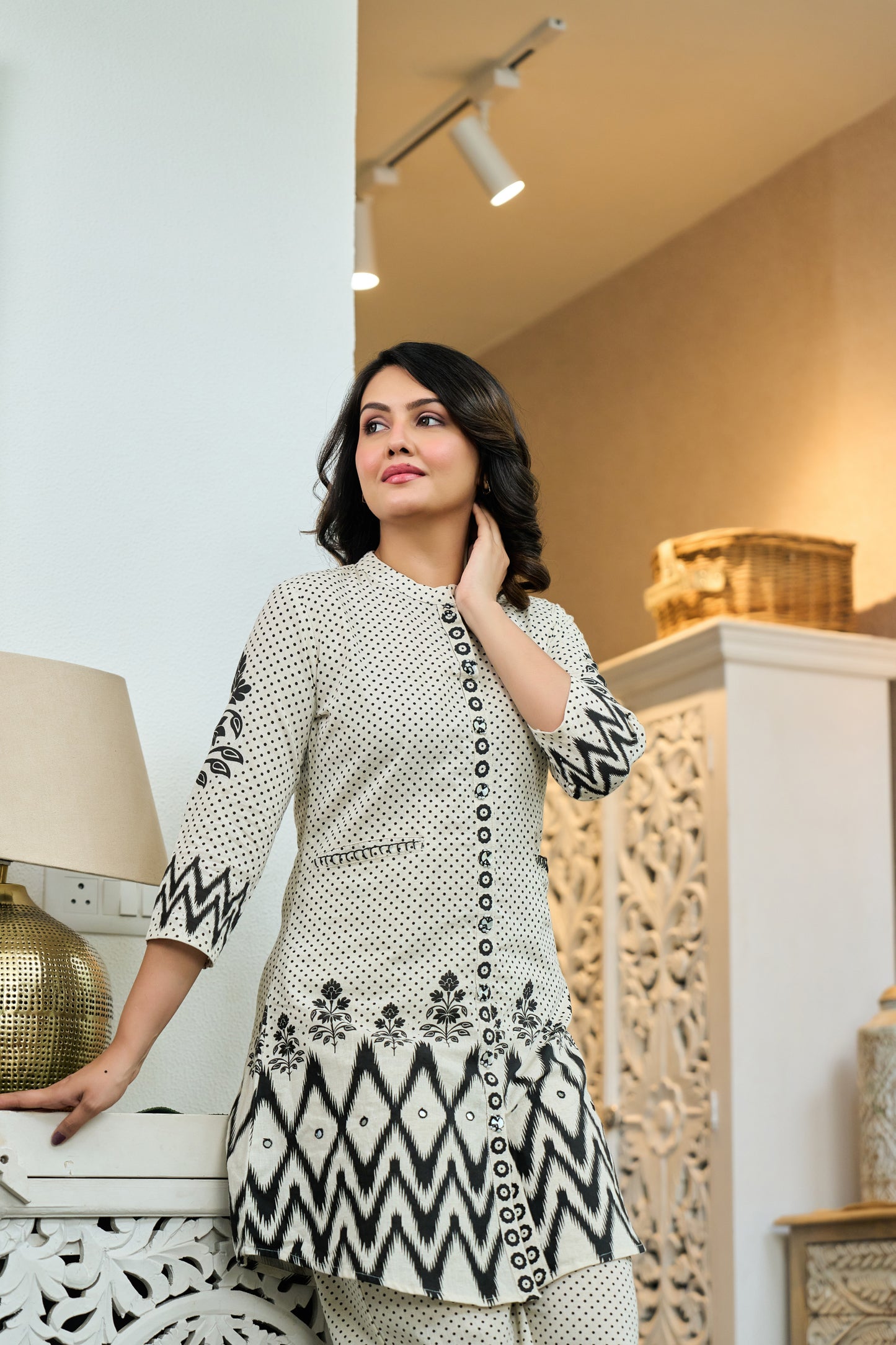 Black Cotton Co-ord Set with Dot Design and Embroidery