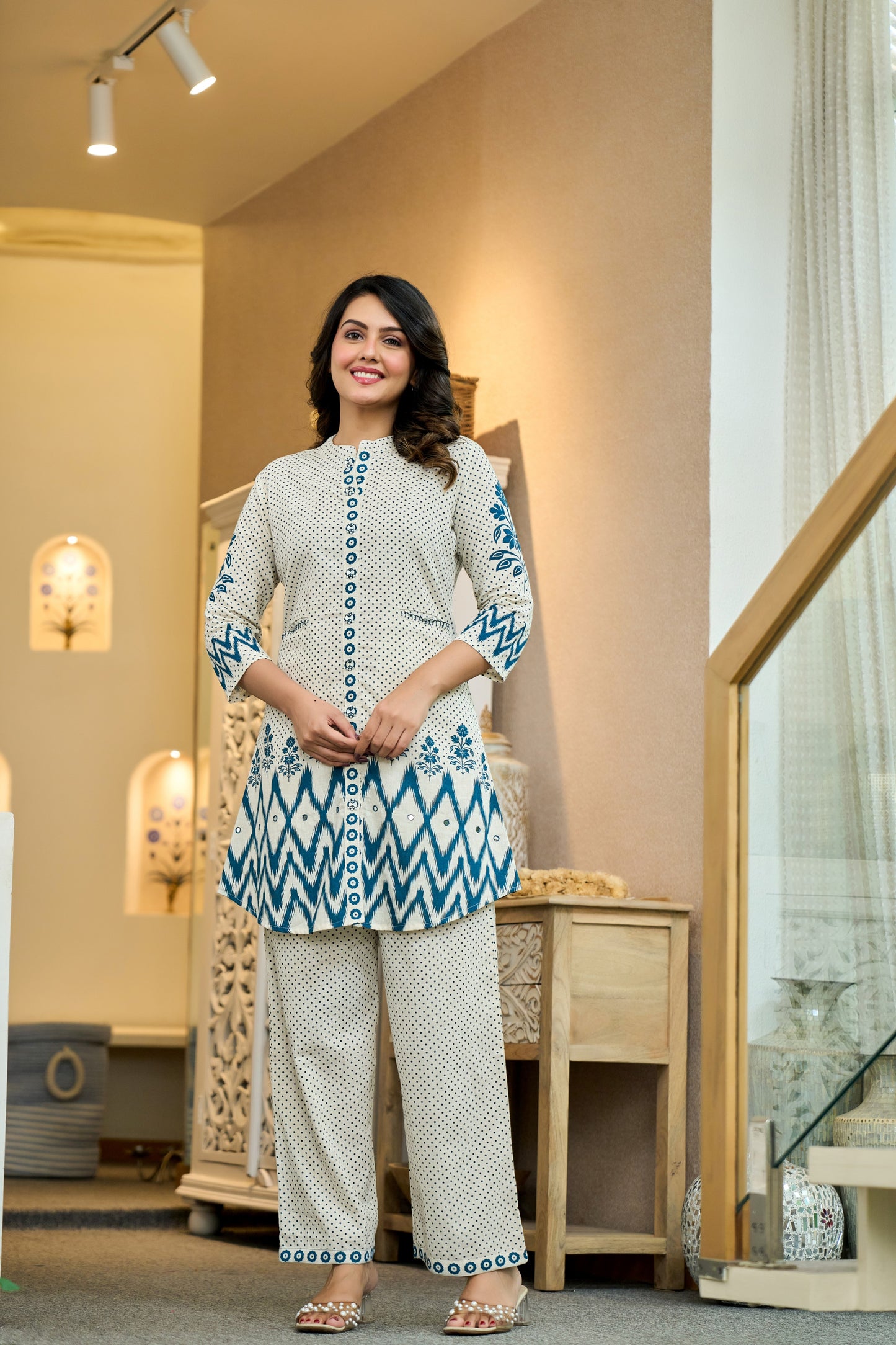 Dark Blue Cotton Co-ord Set | Elegant Pure Cotton Outfit with Embroidery