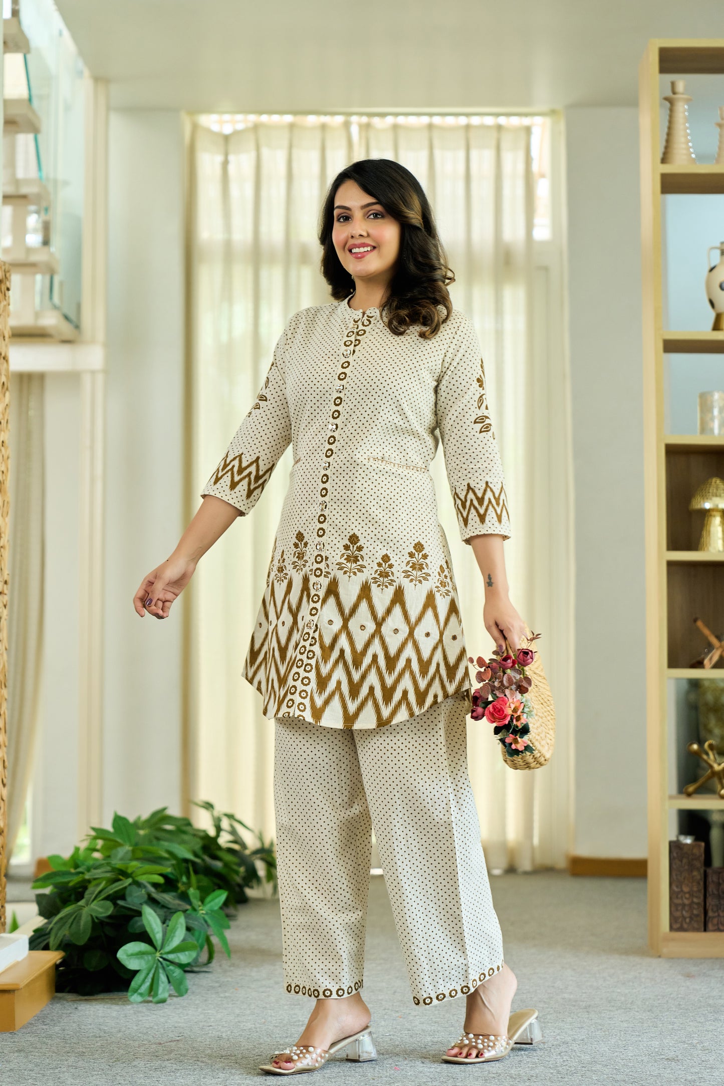 Brown Cotton Co-ord Set | Hand-Embroidered Pure Cotton Outfit for Women