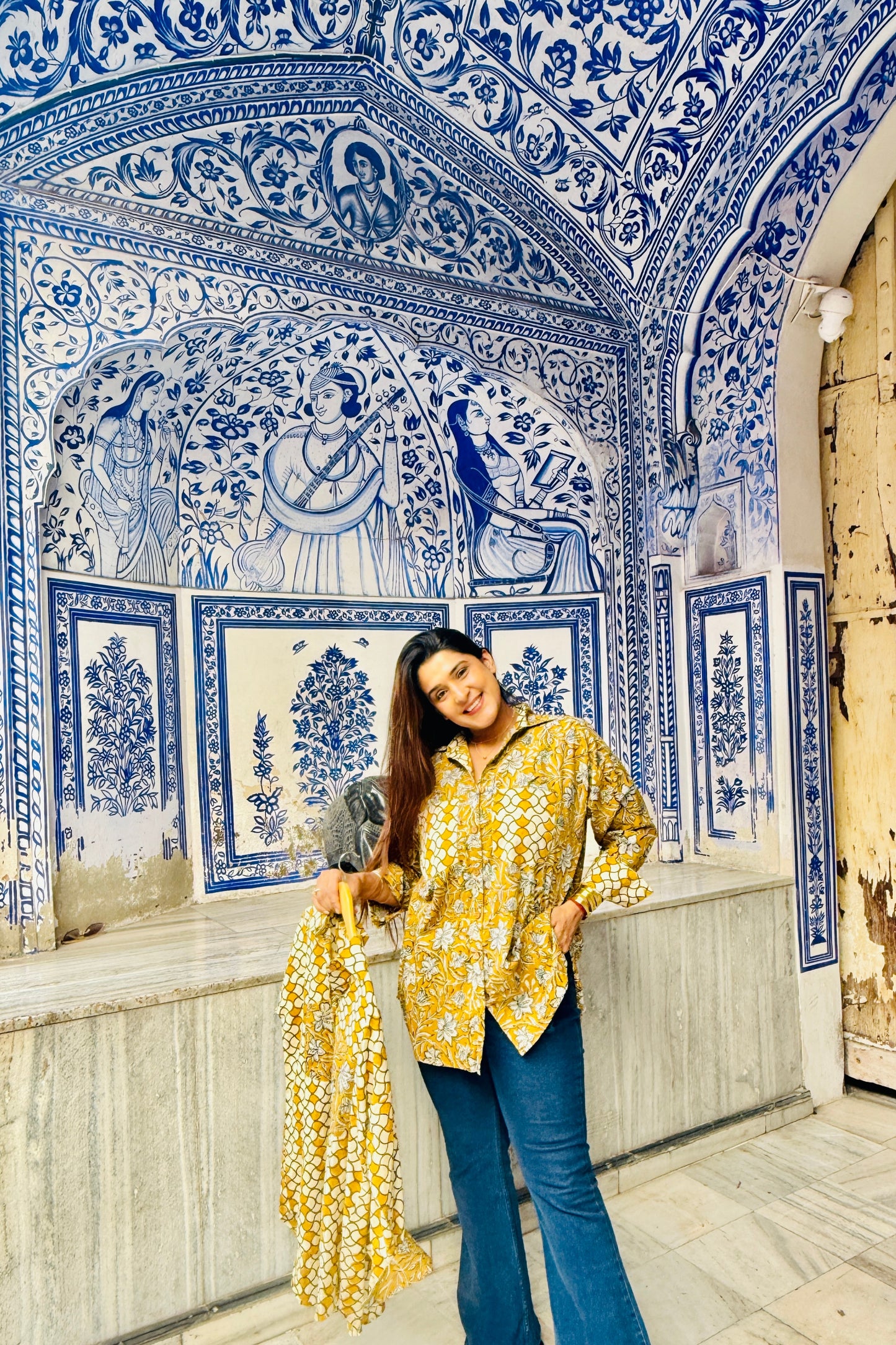 Sunheri Cotton Oversized Mustard Printed Natural Block Printed Shirt - House Of Kaura