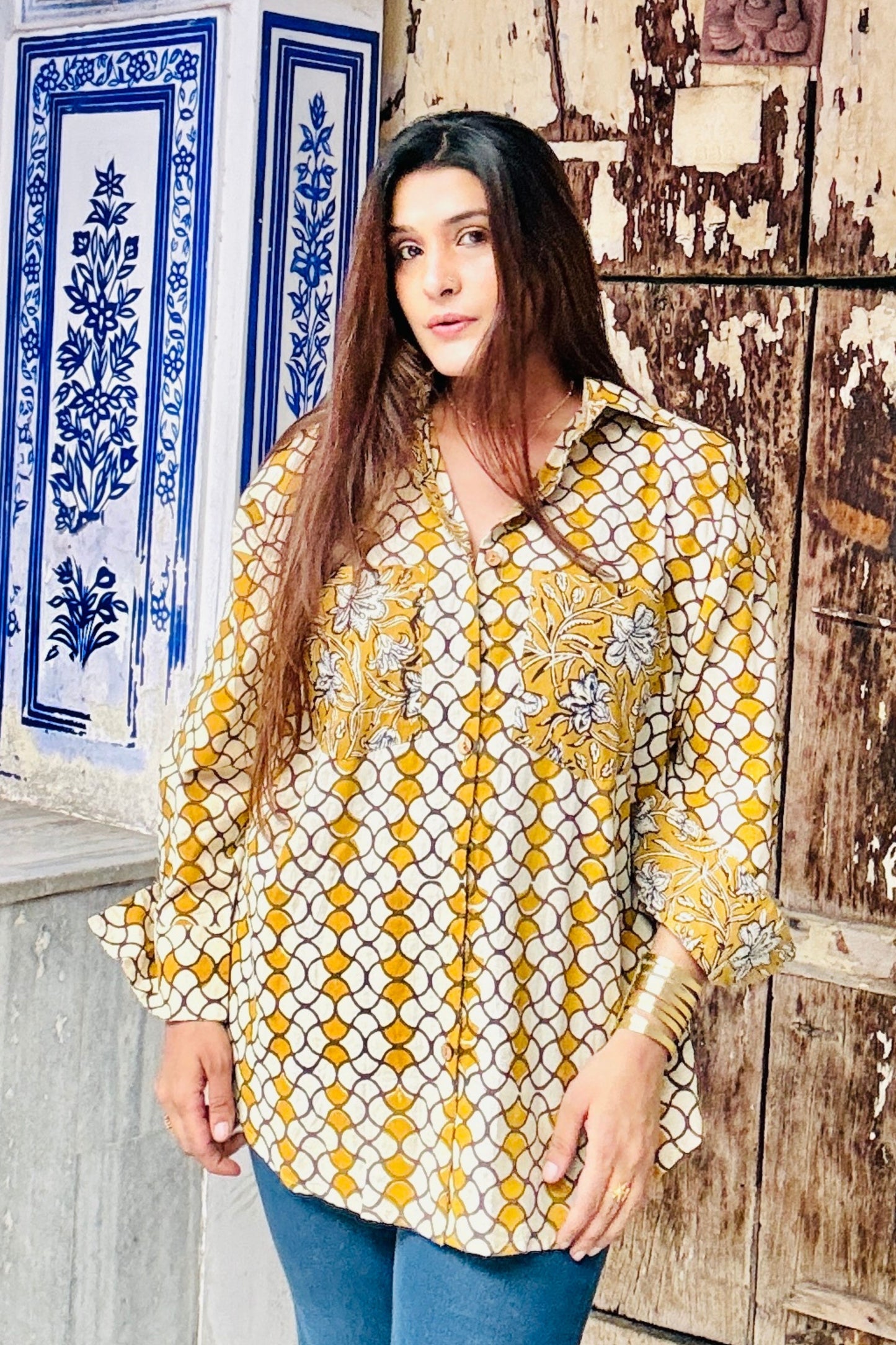 Sunlight Mustard Cotton Hand Block Oversized Shirt - House Of Kaura