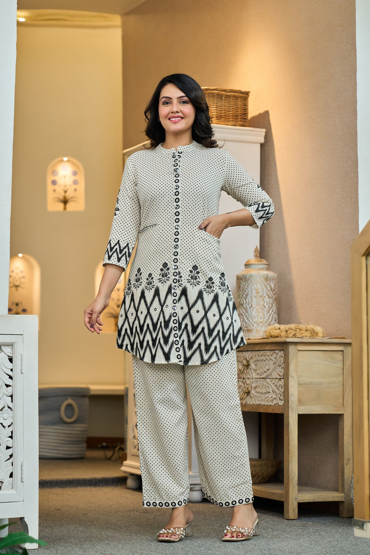 Black Cotton Co-ord Set with Dot Design and Embroidery