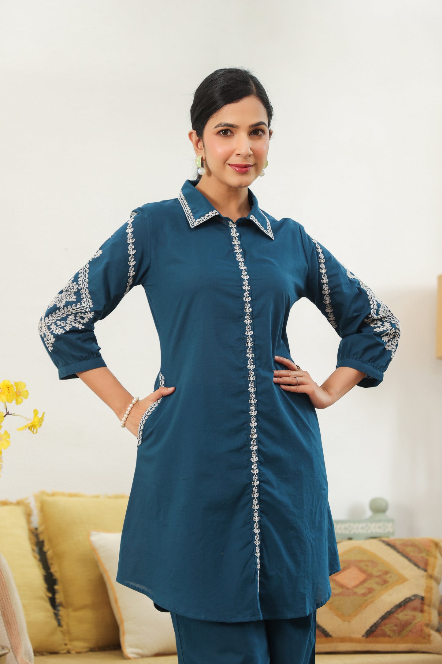Teal Blue Doriya Co-ord Set – Contemporary Ethnic Wear for Women