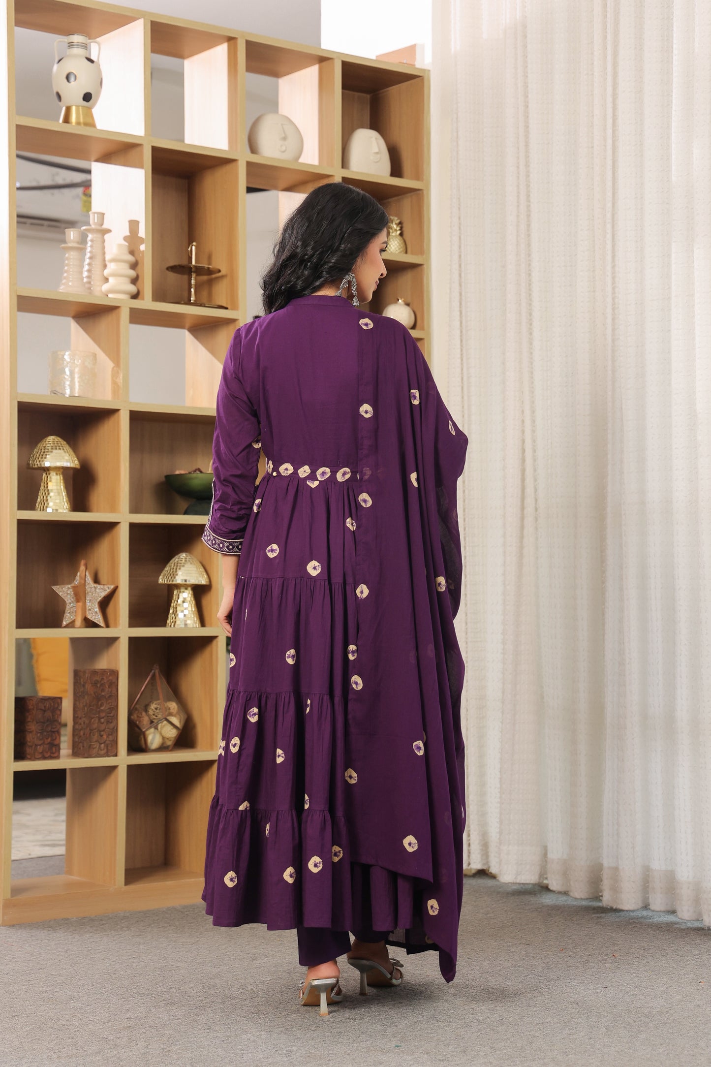 Purple Bandhej Anarkali Malmal Cotton Suit Set with Mirror Embellishment