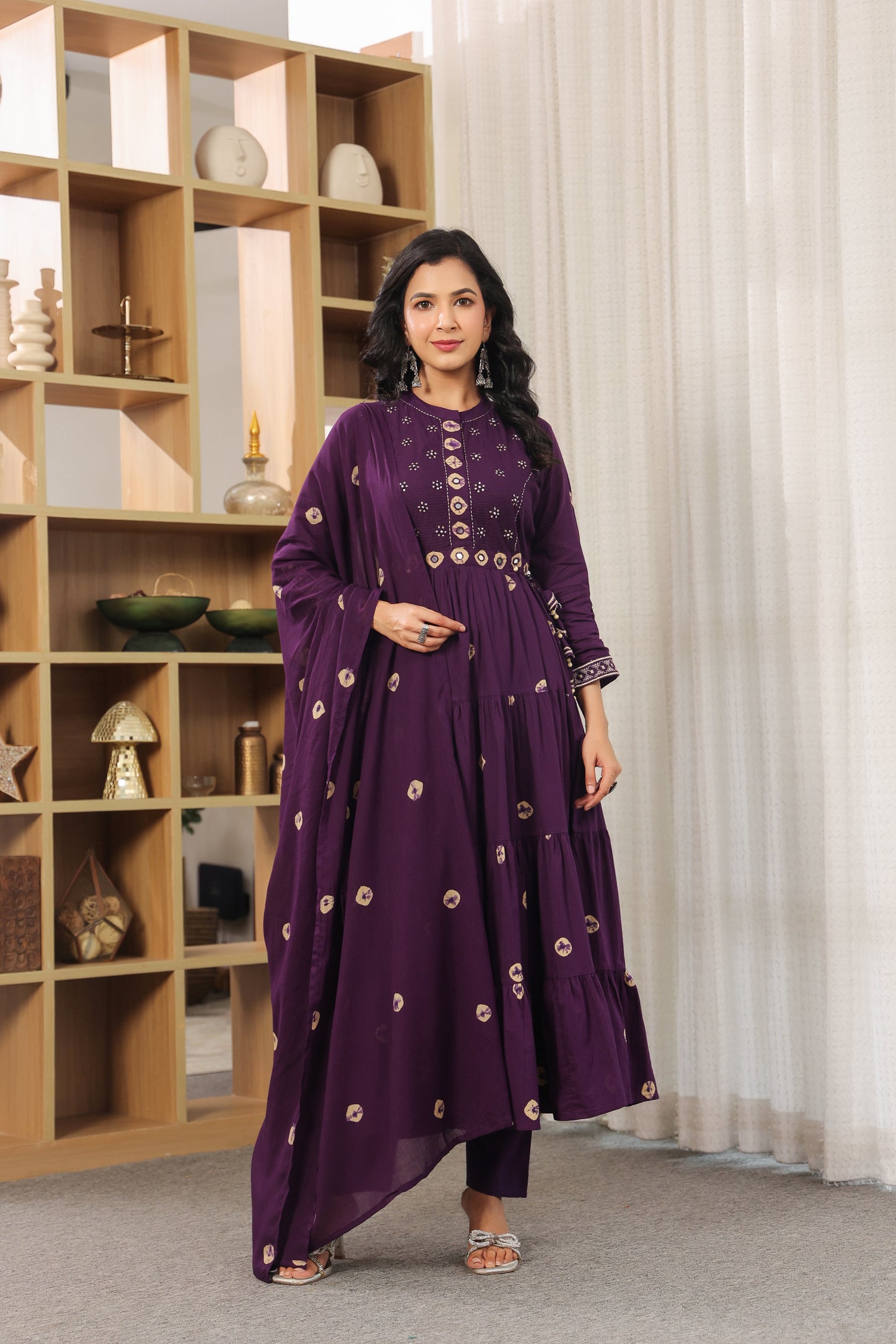 Purple Bandhej Anarkali Malmal Cotton Suit Set with Mirror Embellishment