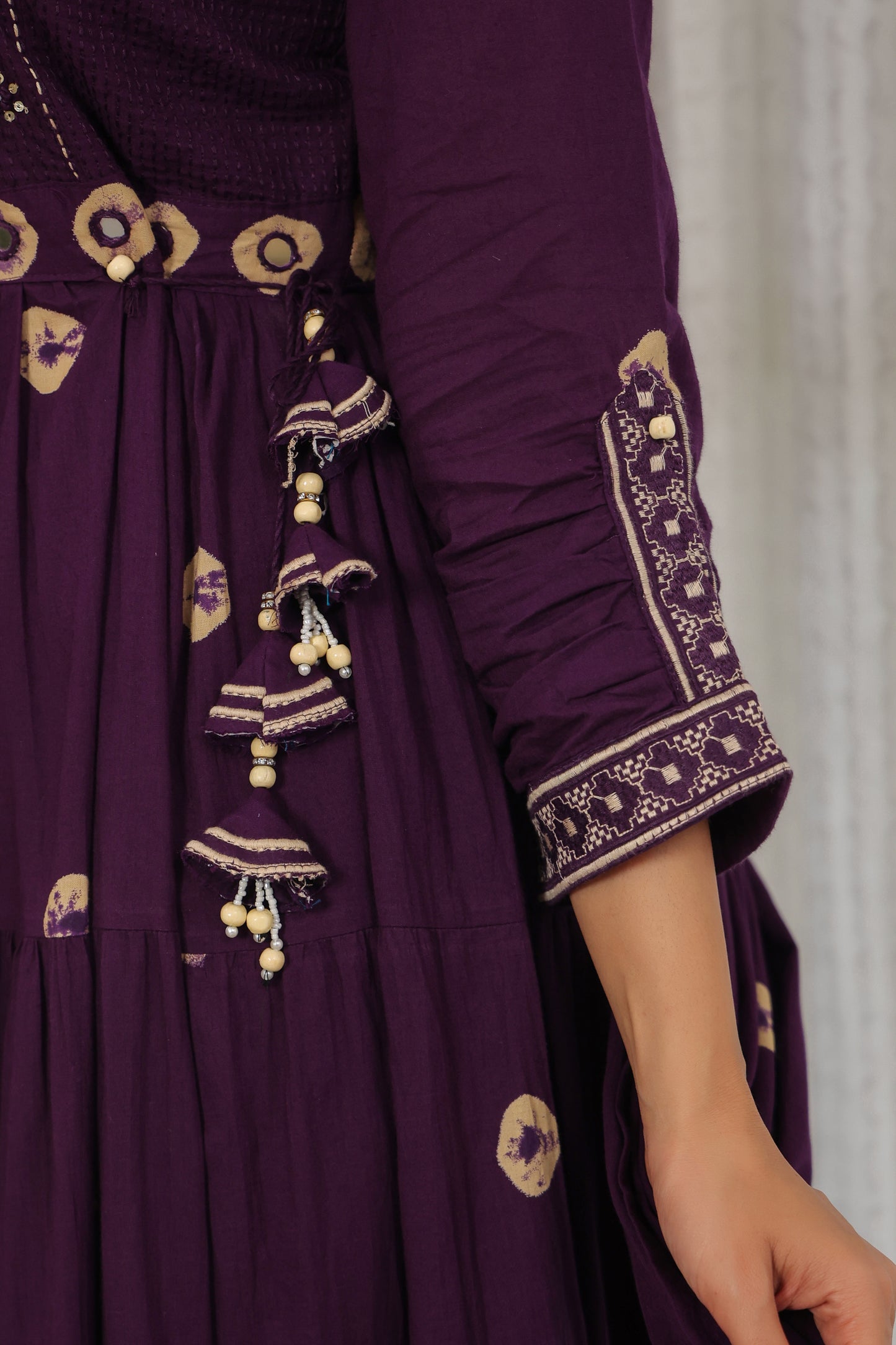 Purple Bandhej Anarkali Malmal Cotton Suit Set with Mirror Embellishment