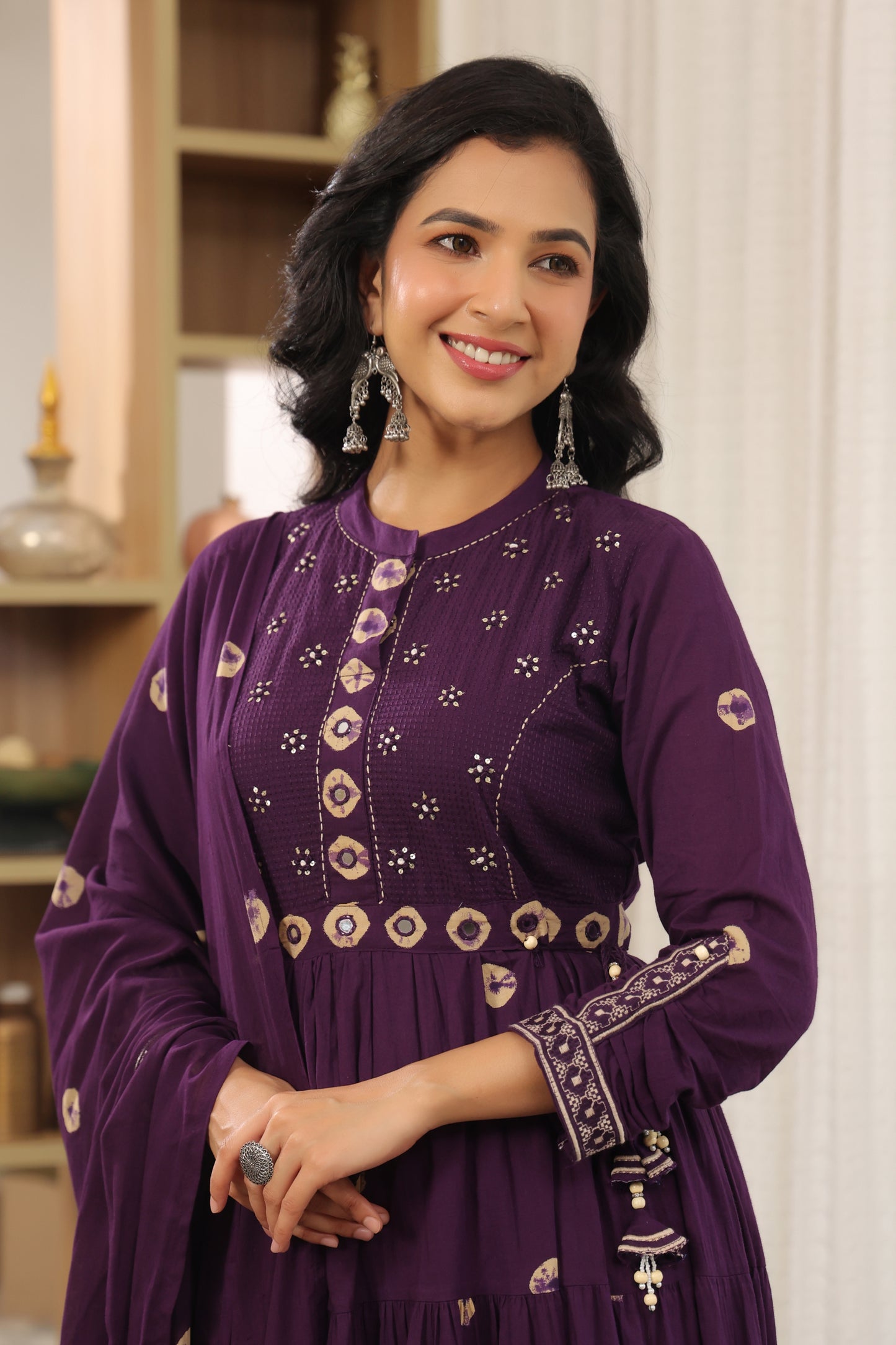 Purple Bandhej Anarkali Malmal Cotton Suit Set with Mirror Embellishment