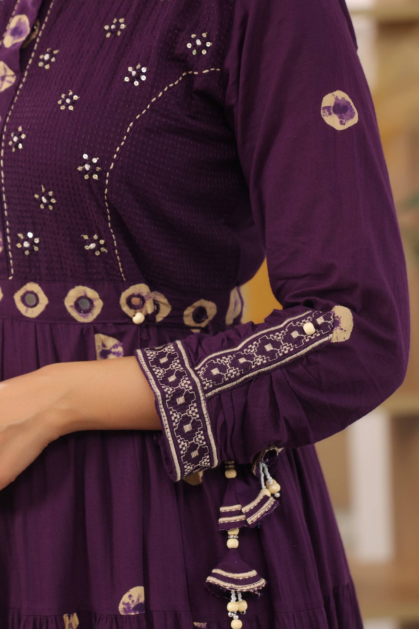 Purple Bandhej Anarkali Malmal Cotton Suit Set with Mirror Embellishment