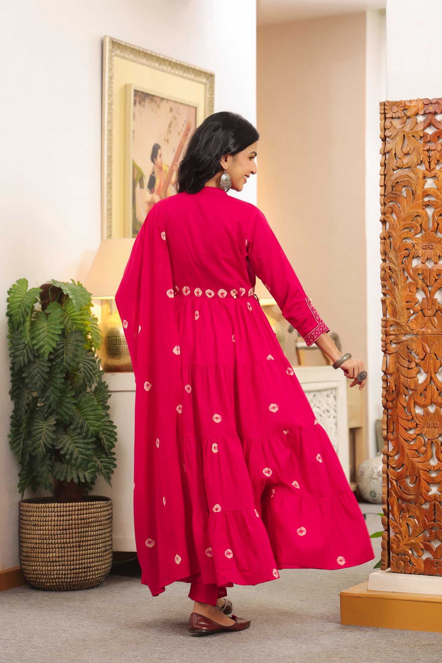 Rani Pink Bandhej Cotton Anarkali Malmal 3pc Suit Set with Mirror Work & Tassels