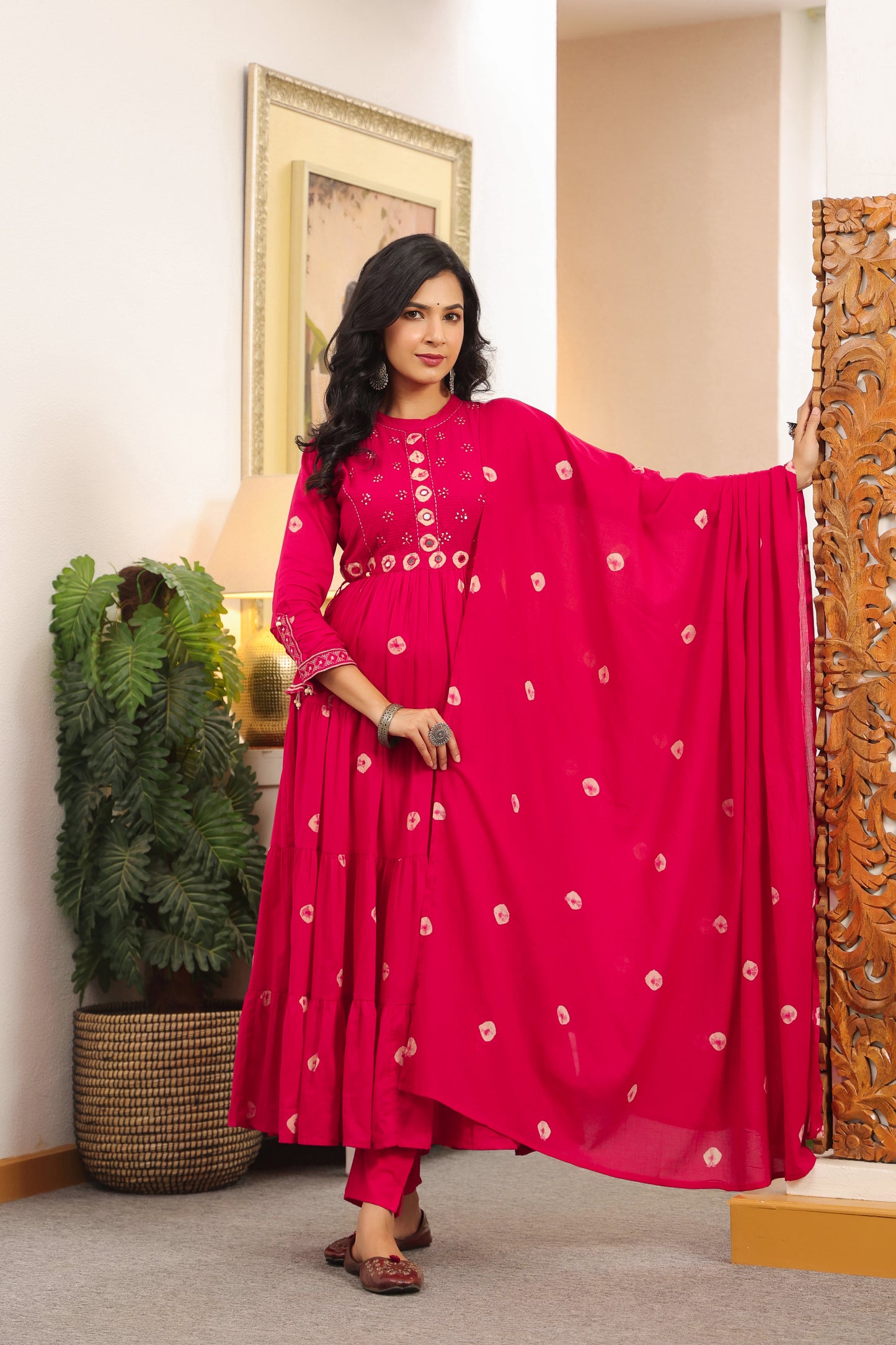 Rani Pink Bandhej Cotton Anarkali Malmal 3pc Suit Set with Mirror Work & Tassels