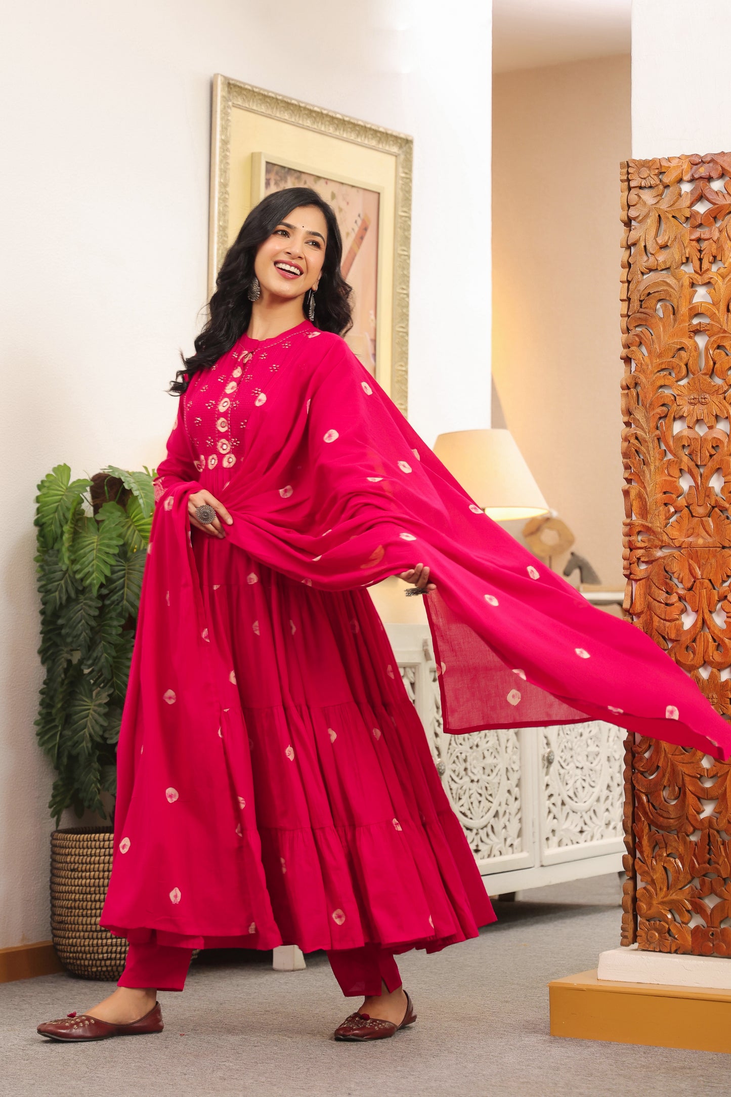 Rani Pink Bandhej Cotton Anarkali Malmal 3pc Suit Set with Mirror Work & Tassels