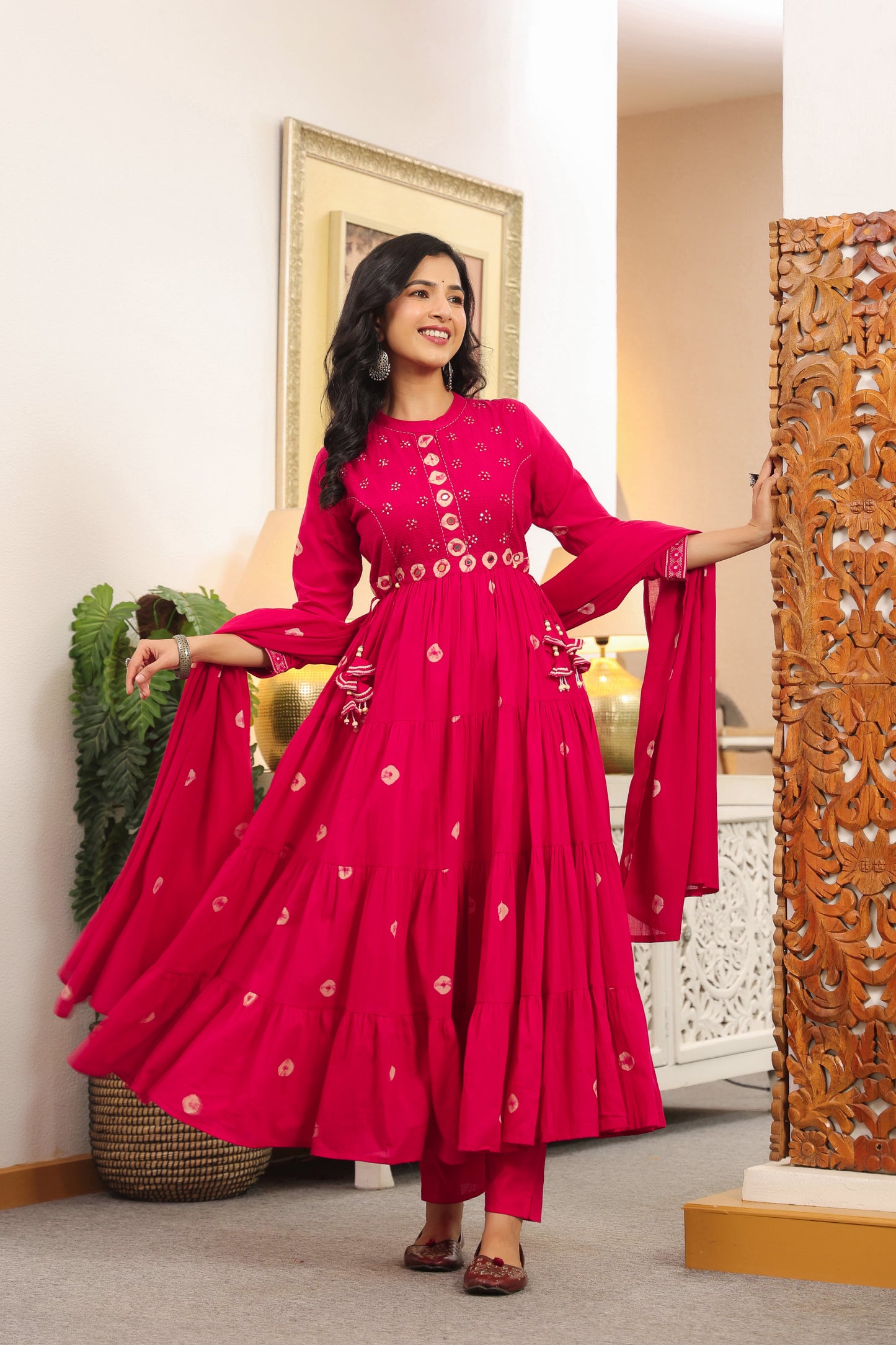 Rani Pink Bandhej Cotton Anarkali Malmal 3pc Suit Set with Mirror Work & Tassels