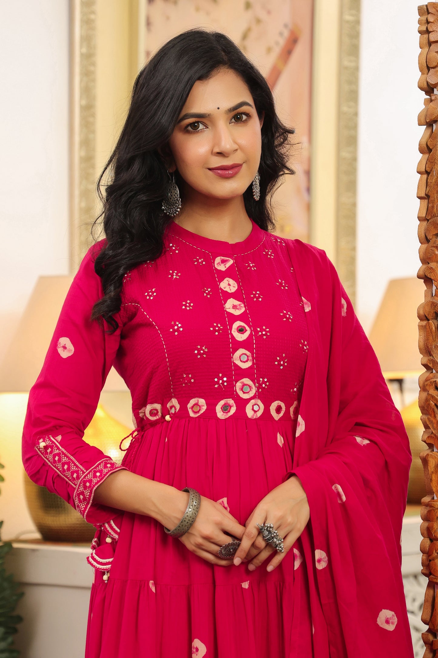 Rani Pink Bandhej Cotton Anarkali Malmal 3pc Suit Set with Mirror Work & Tassels