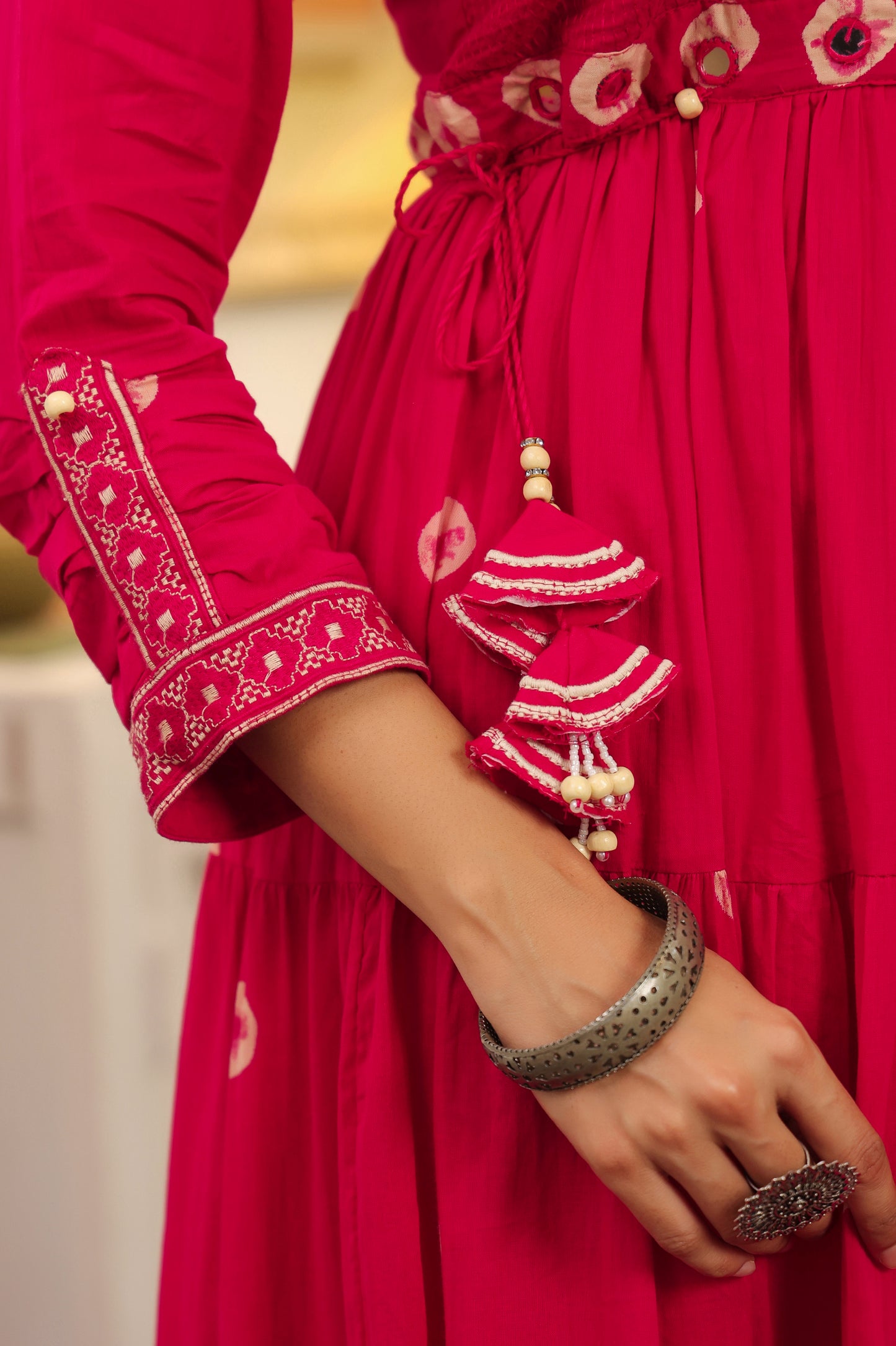 Rani Pink Bandhej Cotton Anarkali Malmal 3pc Suit Set with Mirror Work & Tassels
