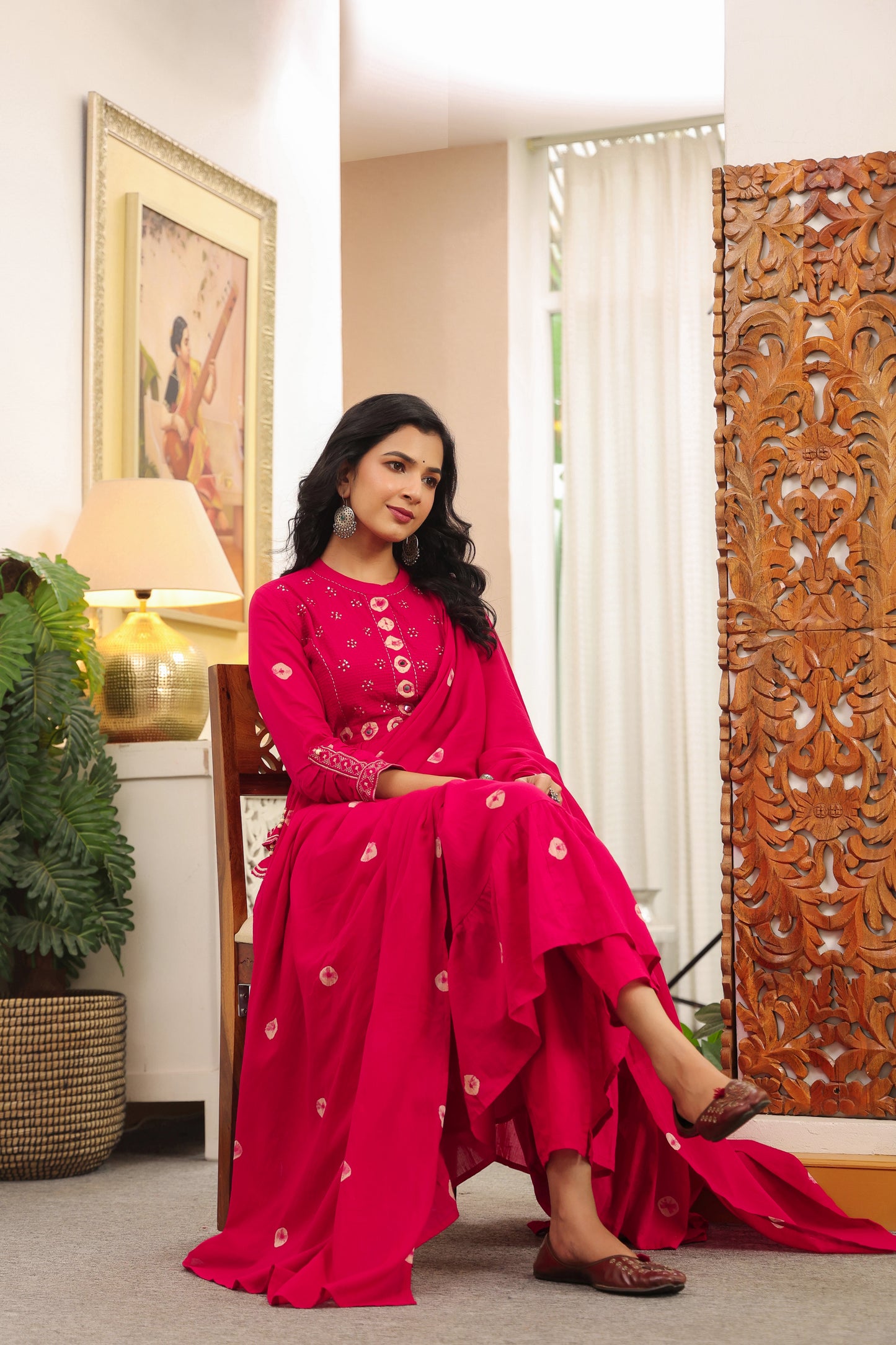Rani Pink Bandhej Cotton Anarkali Malmal 3pc Suit Set with Mirror Work & Tassels