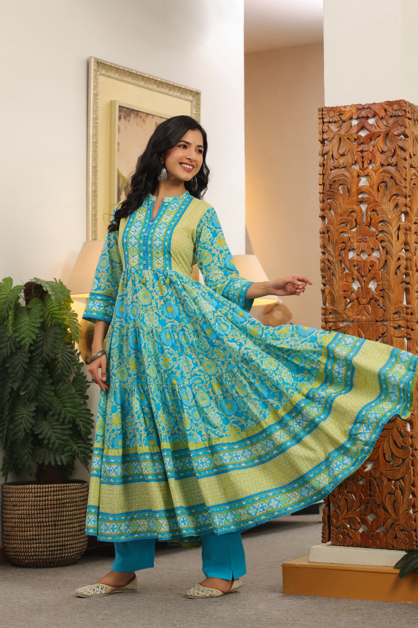 Blue-Green Cotton Anarkali | Floral Printed Pure Cotton Dress for Women