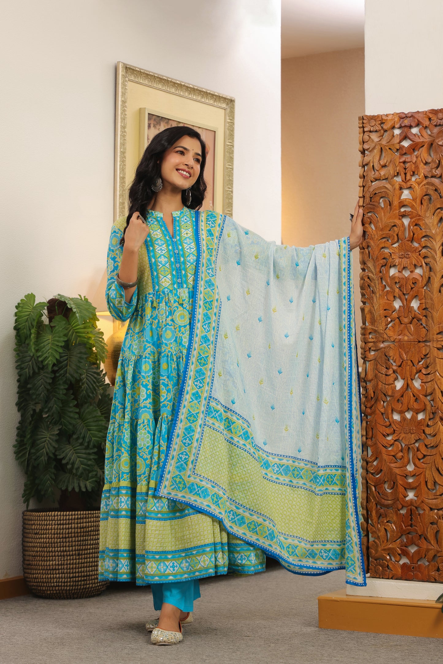 Blue-Green Cotton Anarkali | Floral Printed Pure Cotton Dress for Women