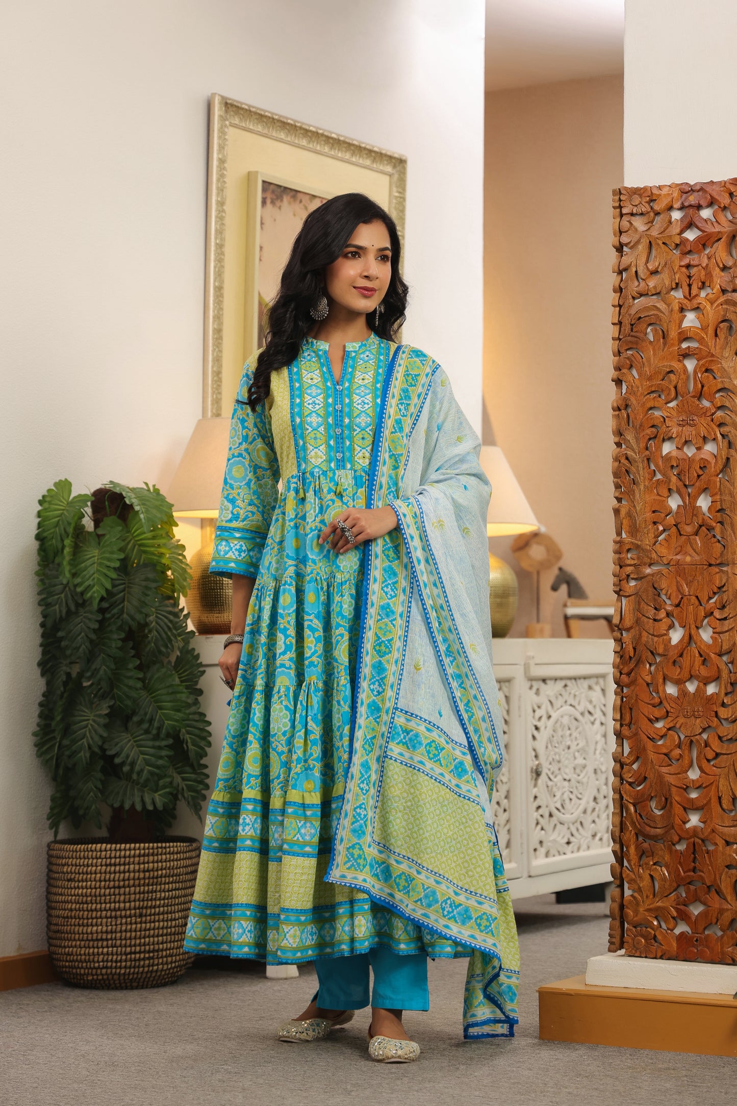 Blue-Green Cotton Anarkali | Floral Printed Pure Cotton Dress for Women