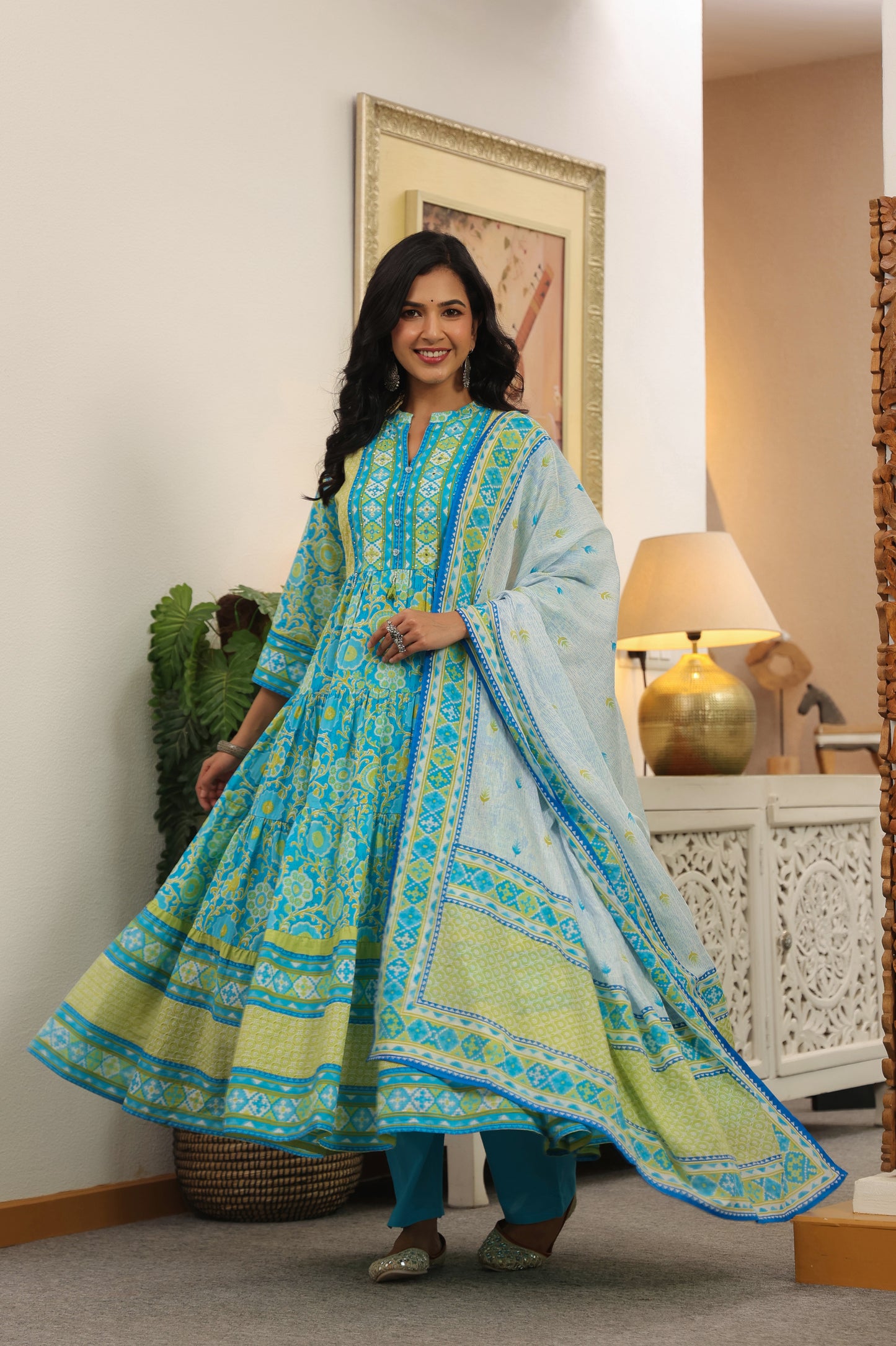 Blue-Green Cotton Anarkali | Floral Printed Pure Cotton Dress for Women