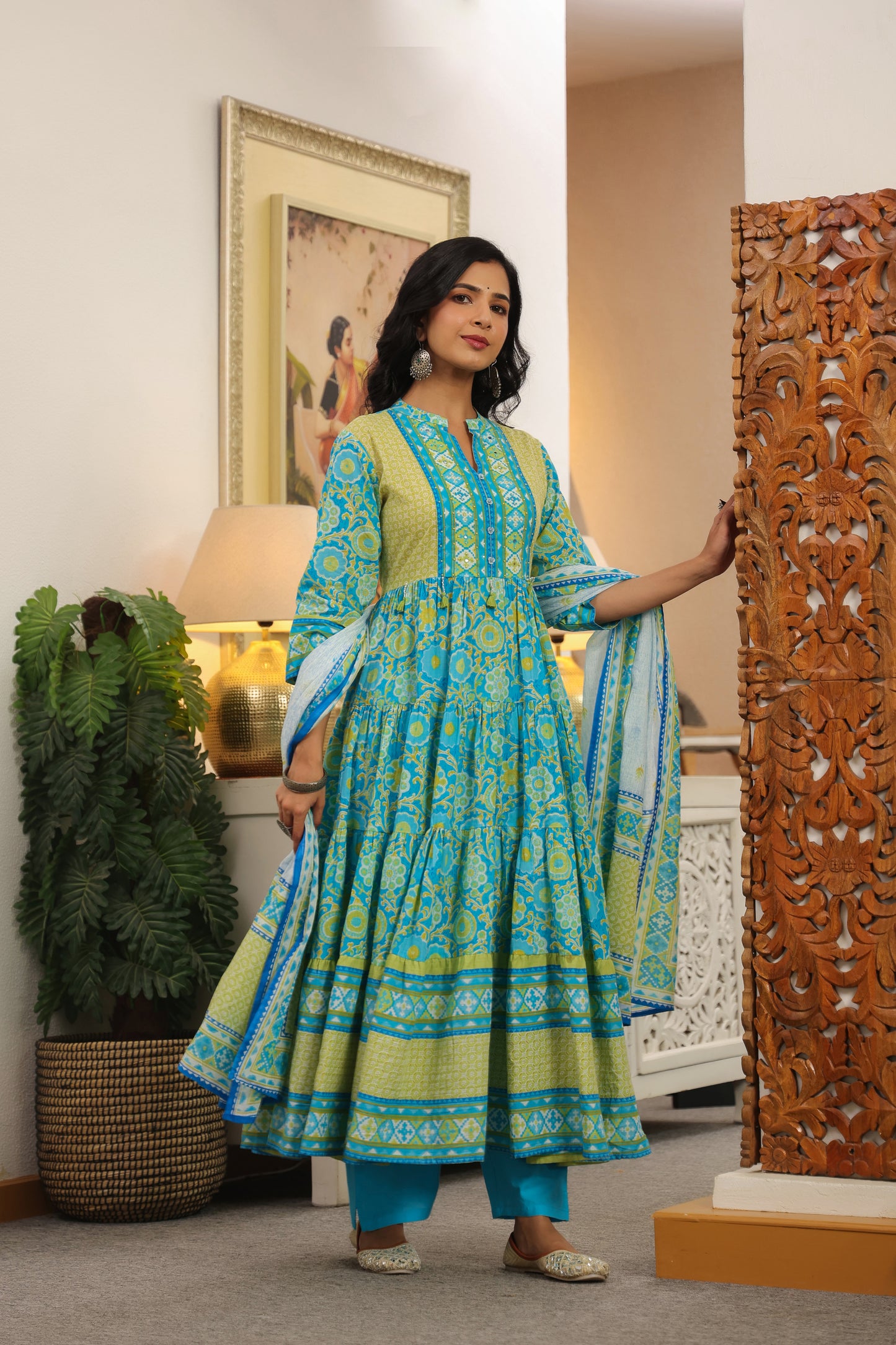 Blue-Green Cotton Anarkali | Floral Printed Pure Cotton Dress for Women