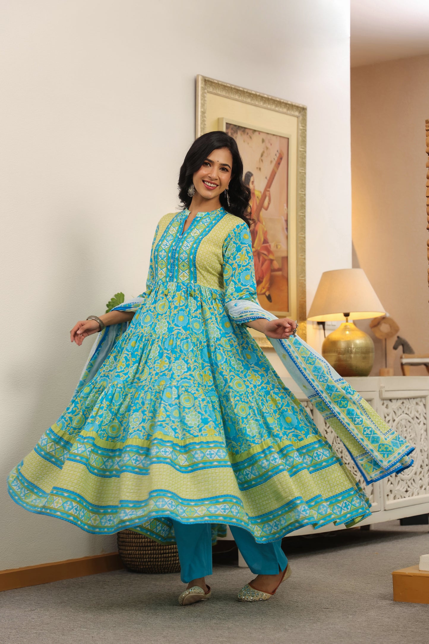 Blue-Green Cotton Anarkali | Floral Printed Pure Cotton Dress for Women