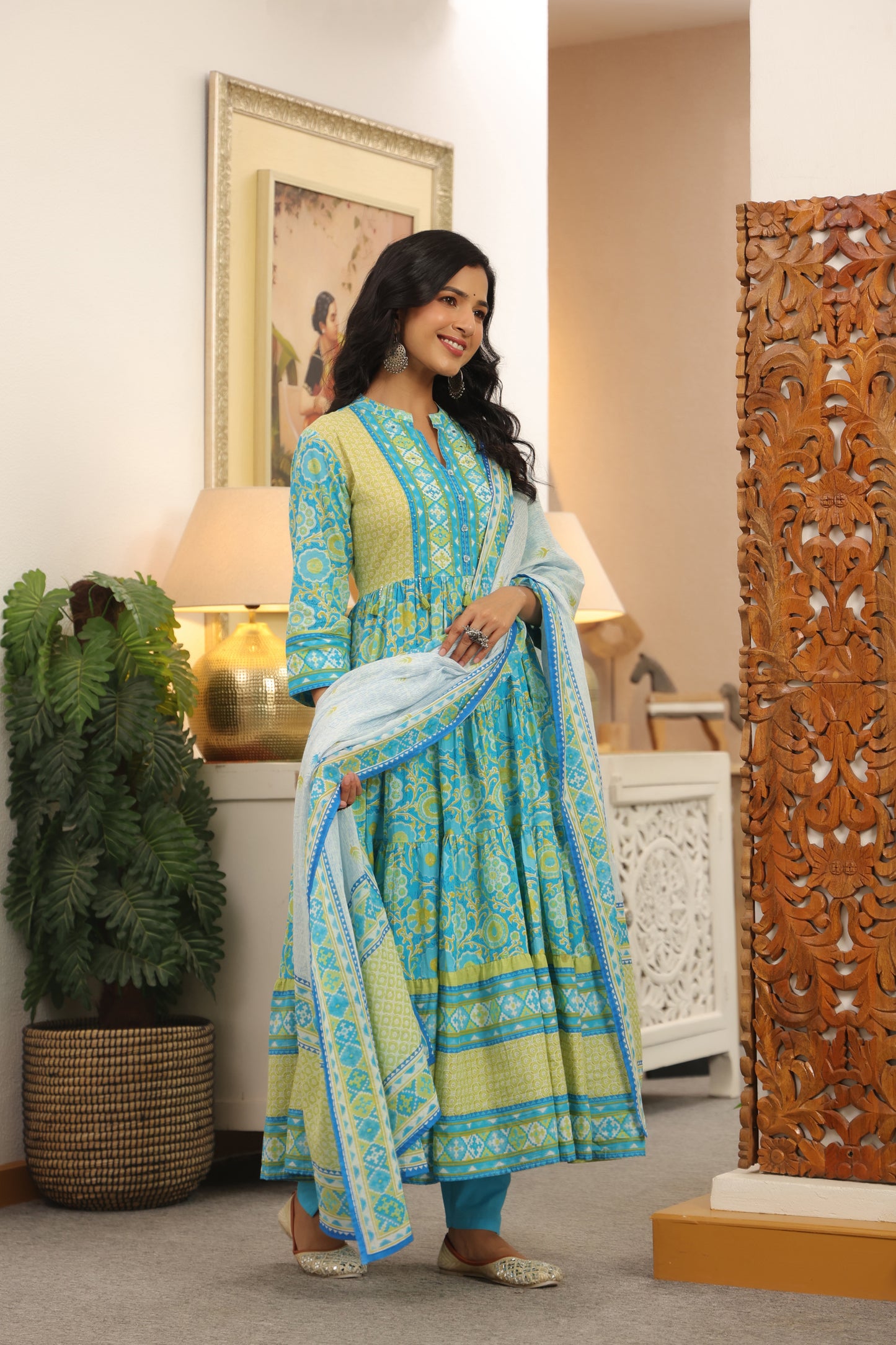 Blue-Green Cotton Anarkali | Floral Printed Pure Cotton Dress for Women