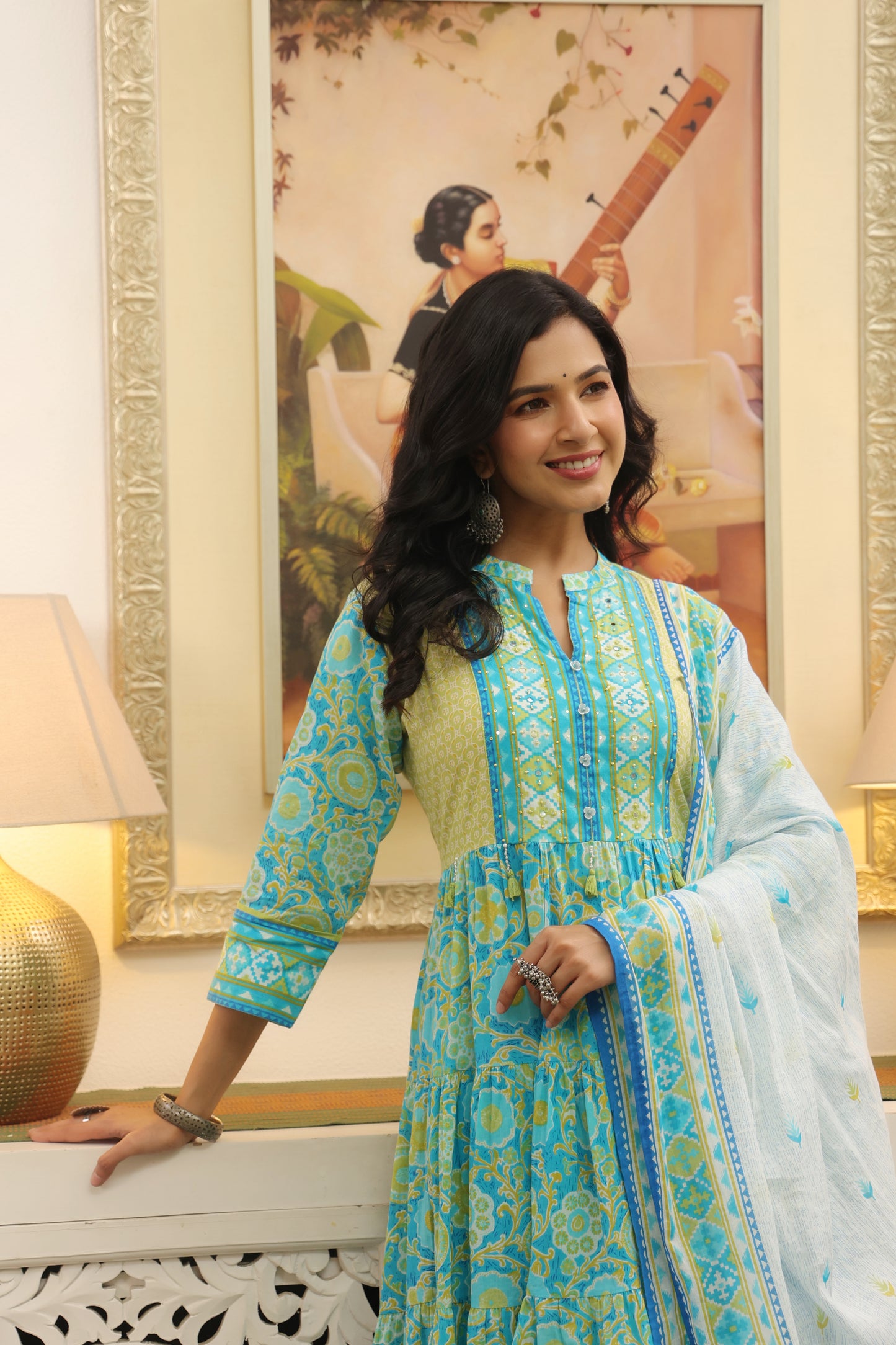 Blue-Green Cotton Anarkali | Floral Printed Pure Cotton Dress for Women