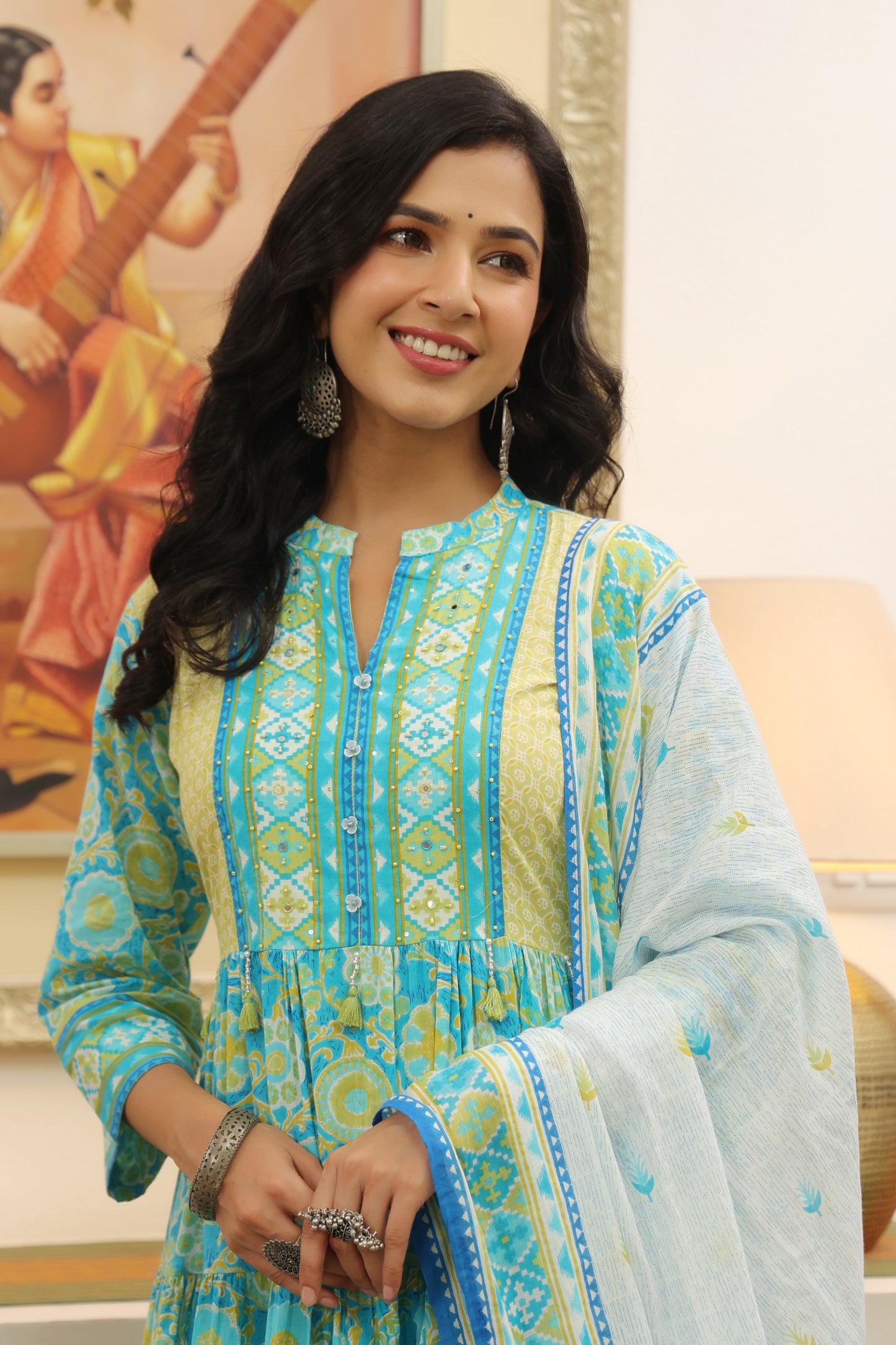 Blue-Green Cotton Anarkali | Floral Printed Pure Cotton Dress for Women