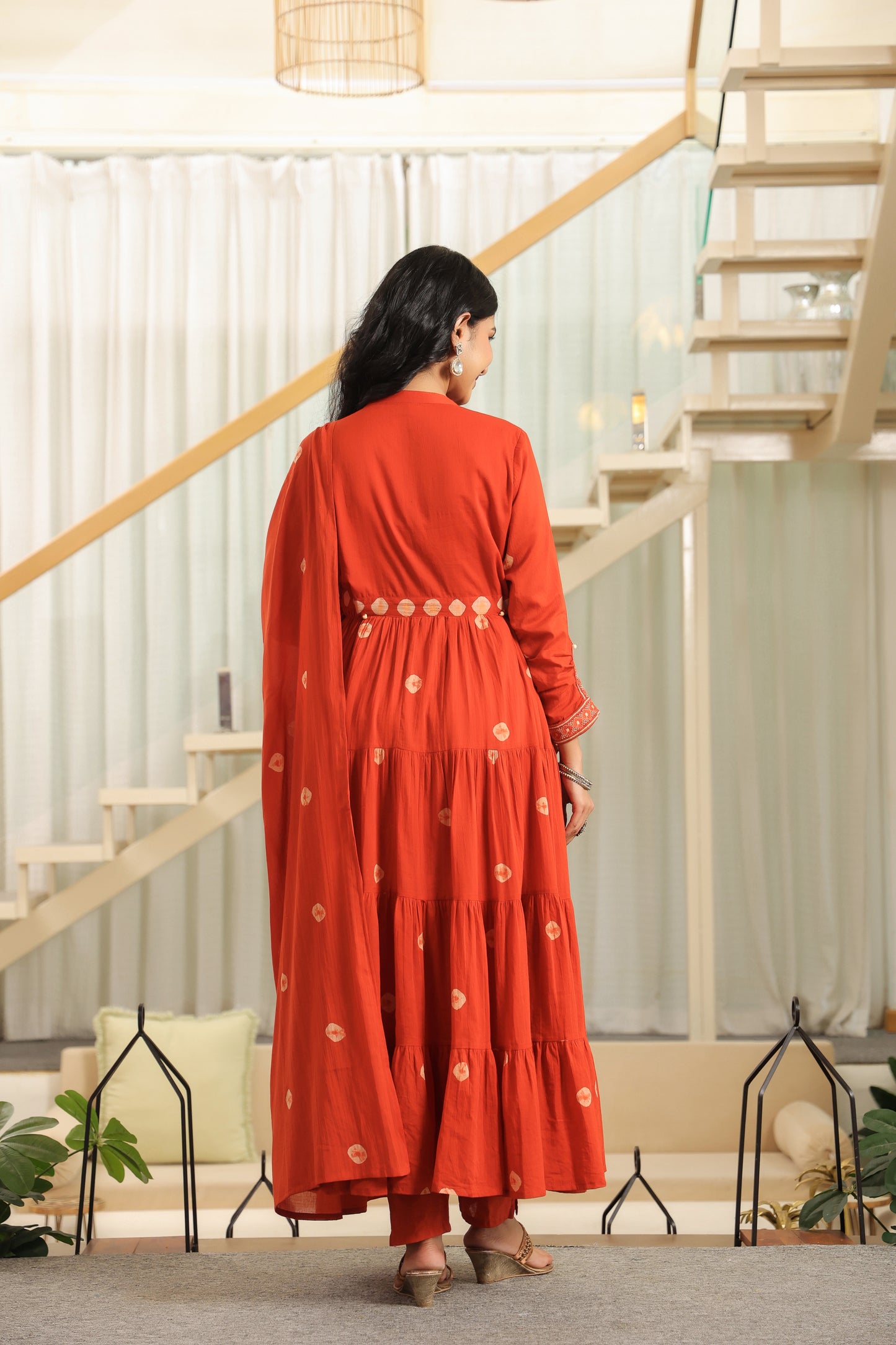 Rust Bandhej Cotton Anarkali Malmal Kurta Set with Mirror Detailing & Tassels
