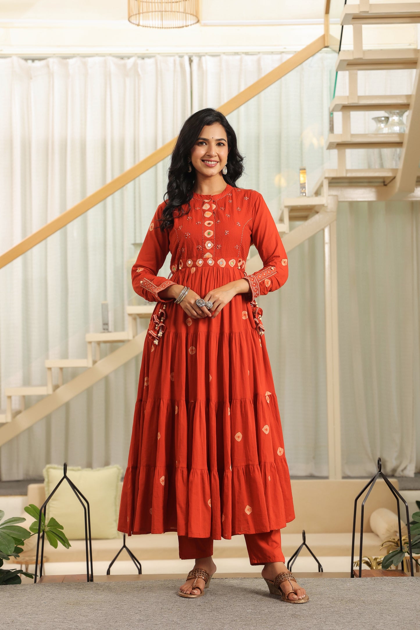 Rust Bandhej Cotton Anarkali Malmal Kurta Set with Mirror Detailing & Tassels