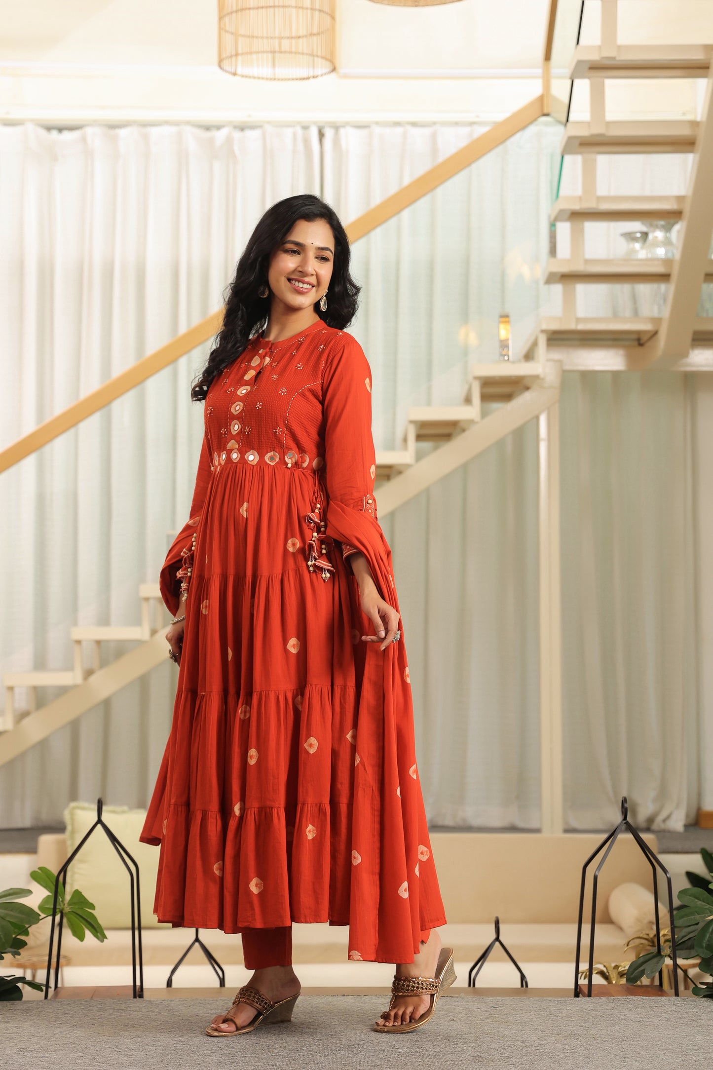 Rust Bandhej Cotton Anarkali Malmal Kurta Set with Mirror Detailing & Tassels