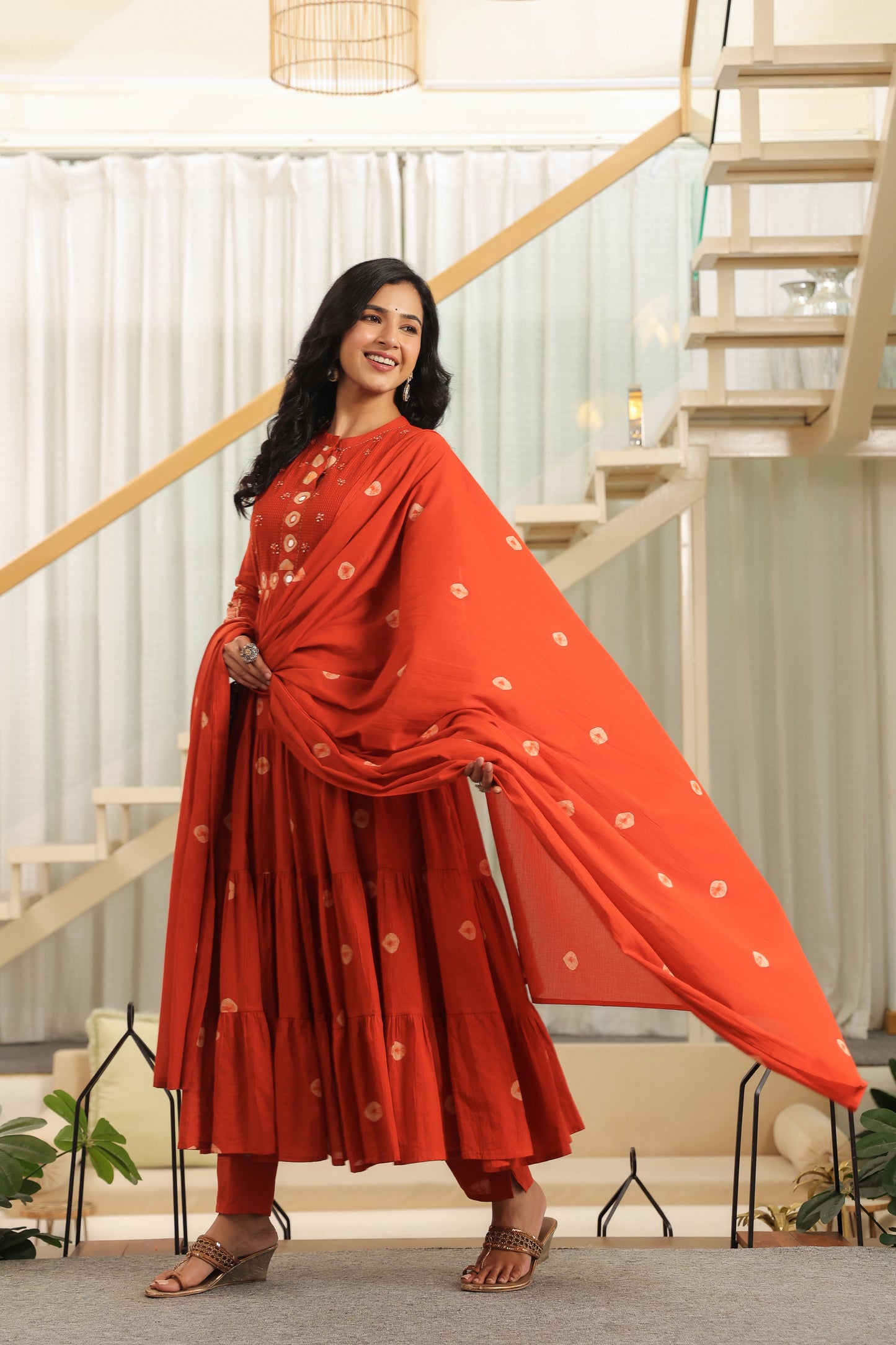 Rust Bandhej Cotton Anarkali Malmal Kurta Set with Mirror Detailing & Tassels