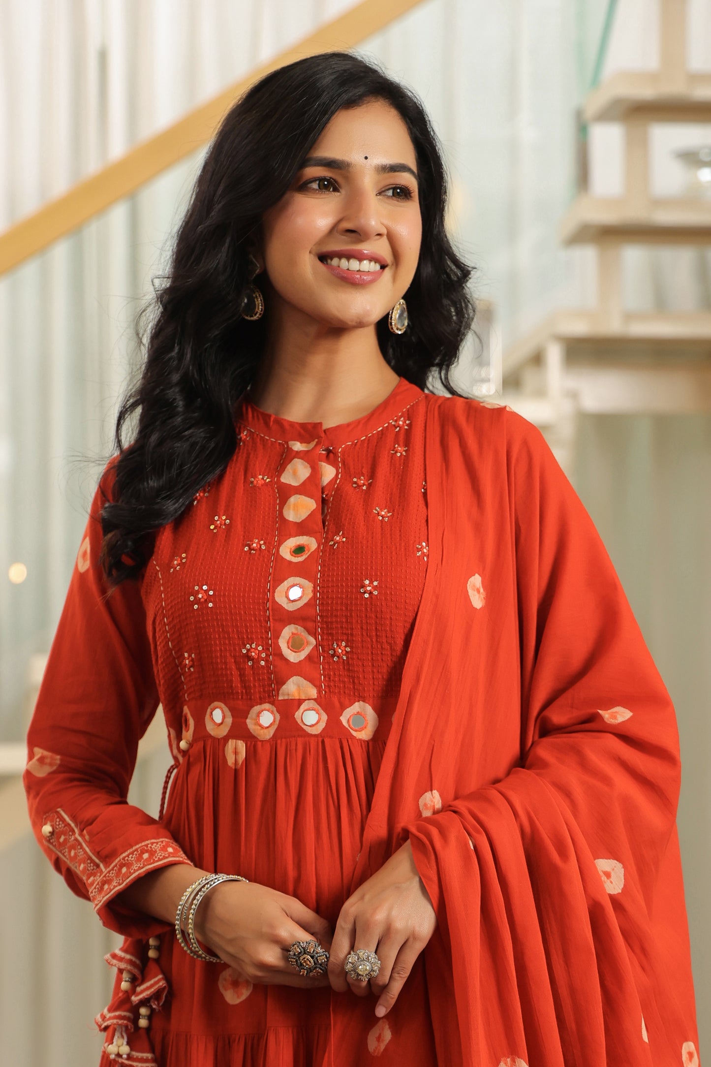 Rust Bandhej Cotton Anarkali Malmal Kurta Set with Mirror Detailing & Tassels