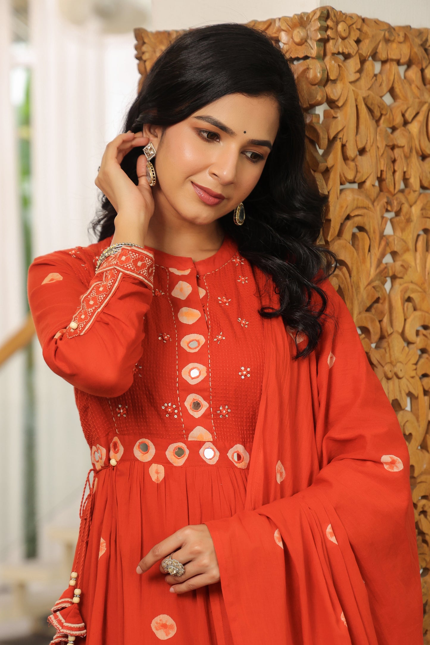 Rust Bandhej Cotton Anarkali Malmal Kurta Set with Mirror Detailing & Tassels