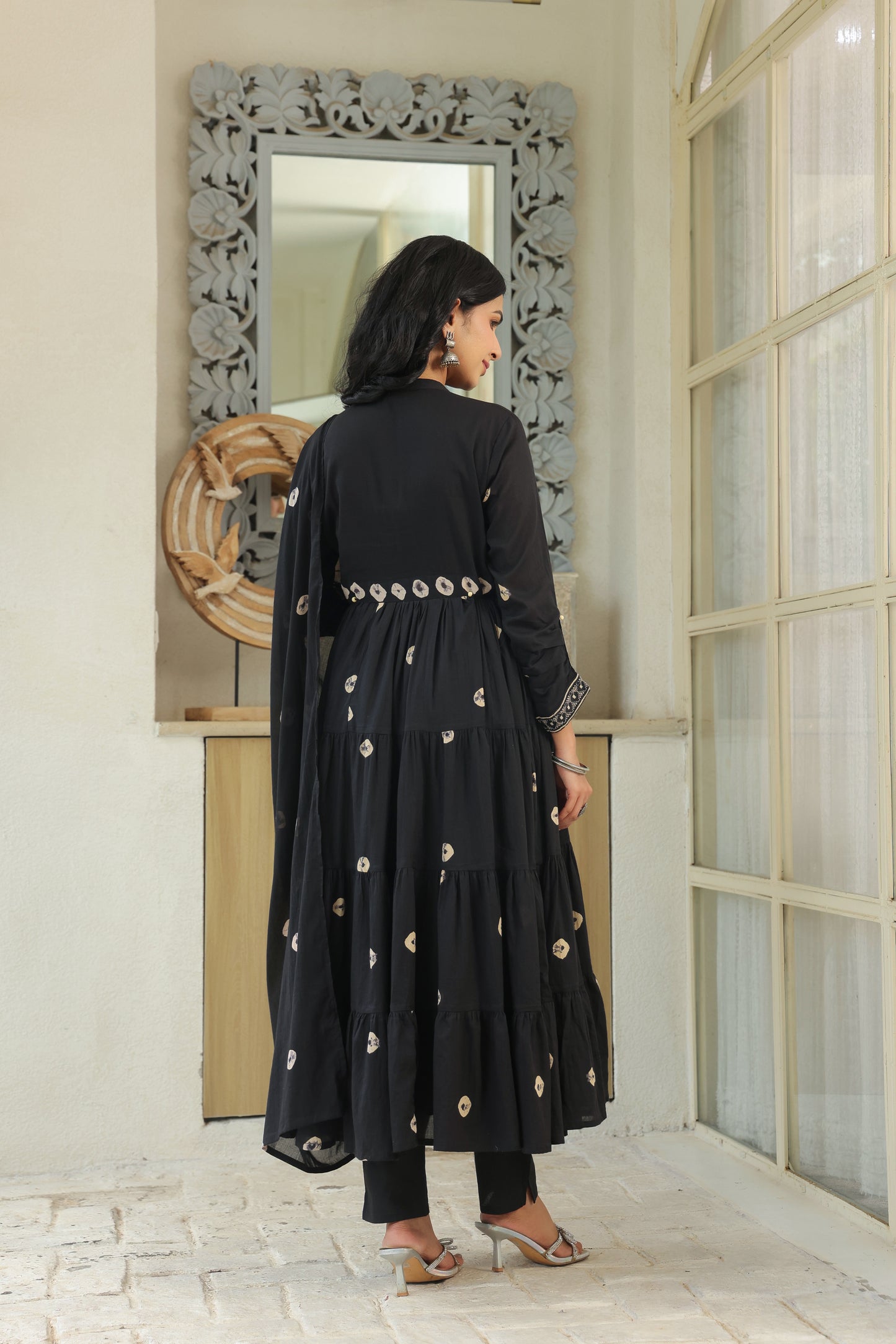 Black Bandhej Cotton Anarkali Malmal Suit Set with Mirror Embellished Neckline