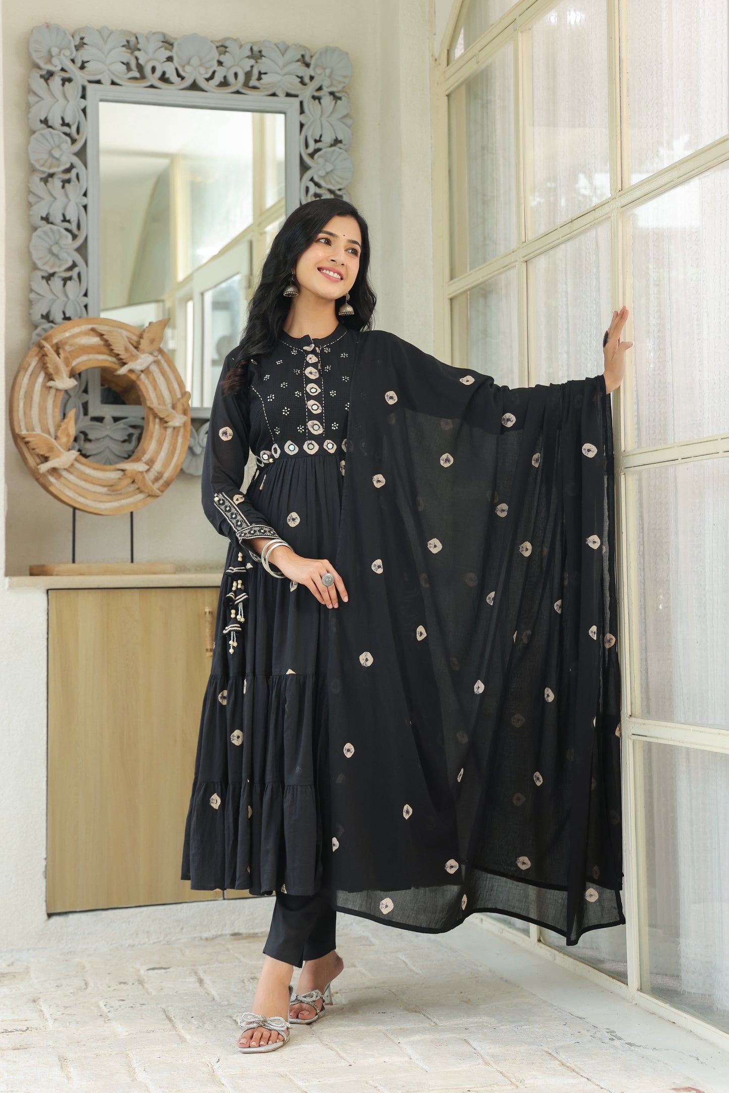 Black Bandhej Cotton Anarkali Malmal Suit Set with Mirror Embellished Neckline