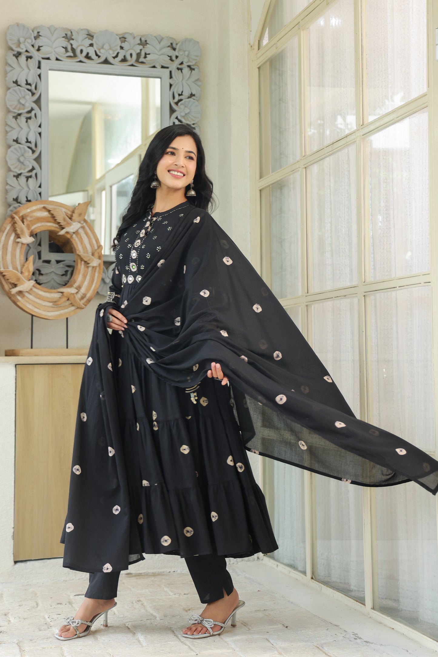 Black Bandhej Cotton Anarkali Malmal Suit Set with Mirror Embellished Neckline