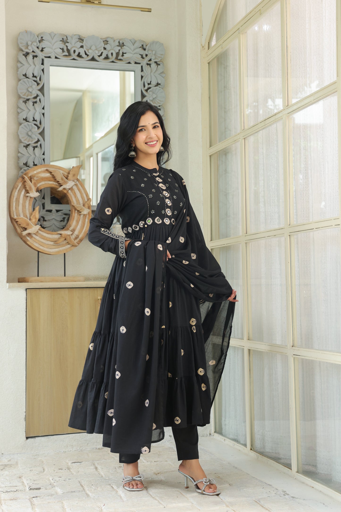 Black Bandhej Cotton Anarkali Malmal Suit Set with Mirror Embellished Neckline