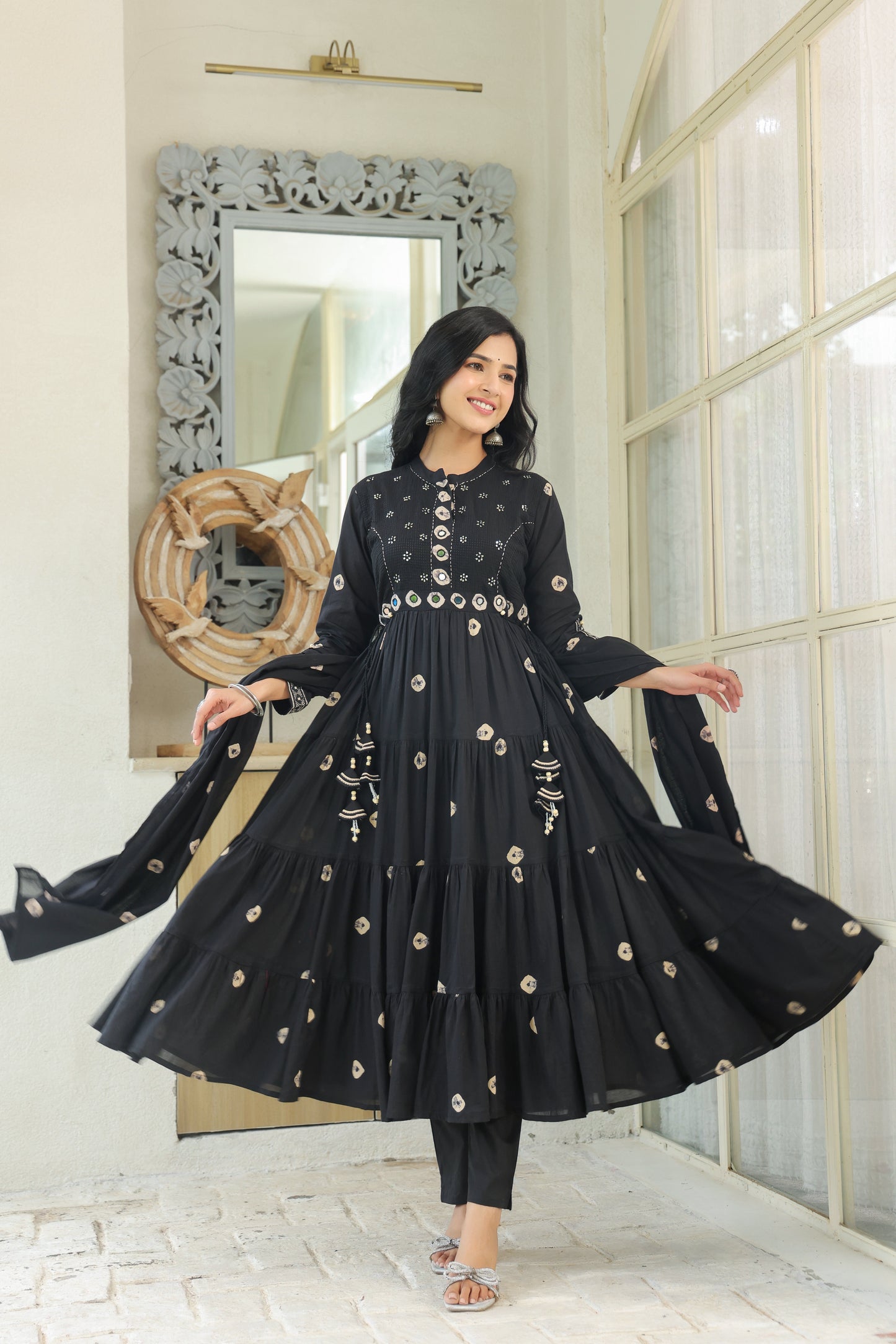 Black Bandhej Cotton Anarkali Malmal Suit Set with Mirror Embellished Neckline