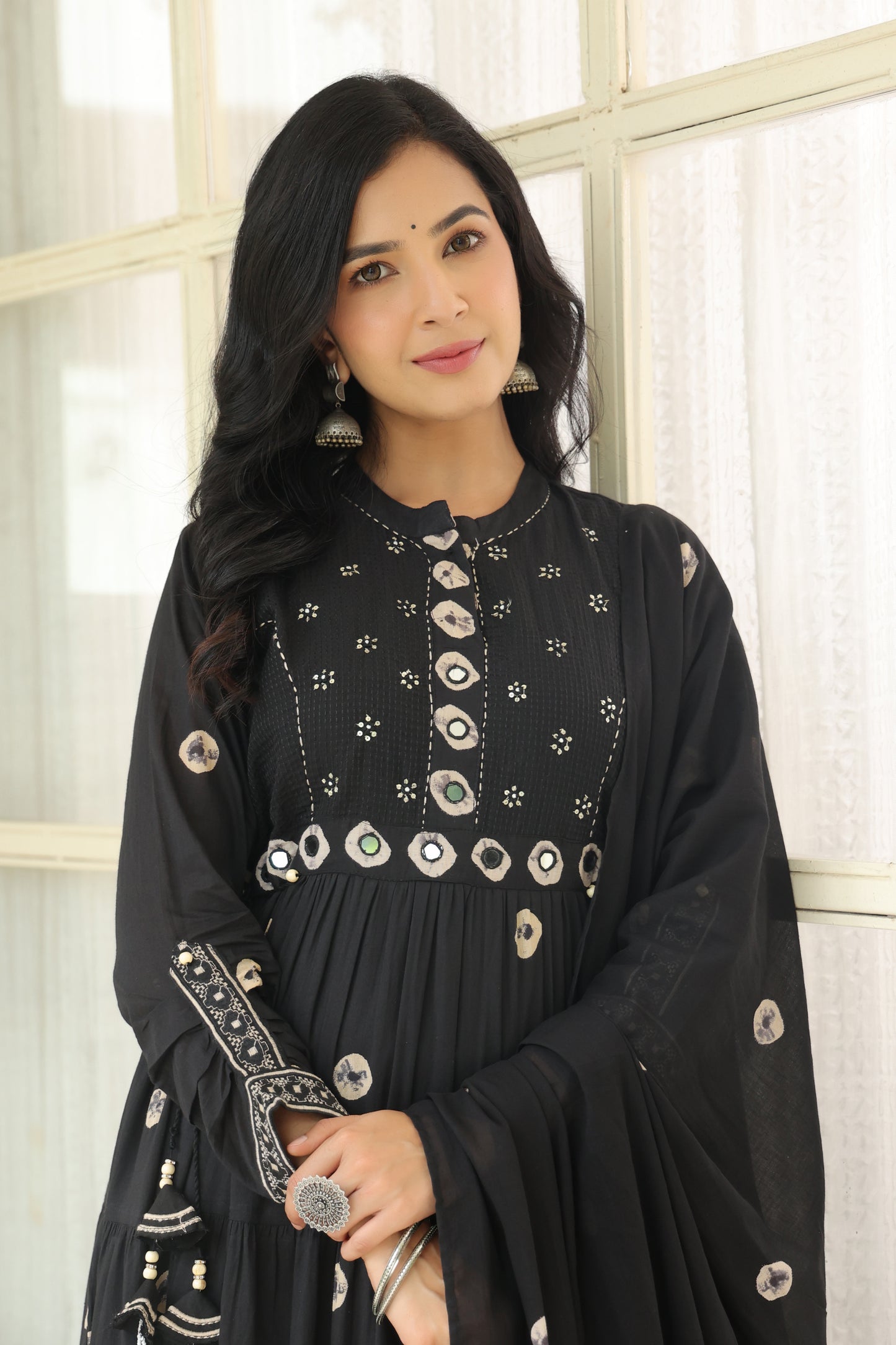 Black Bandhej Cotton Anarkali Malmal Suit Set with Mirror Embellished Neckline