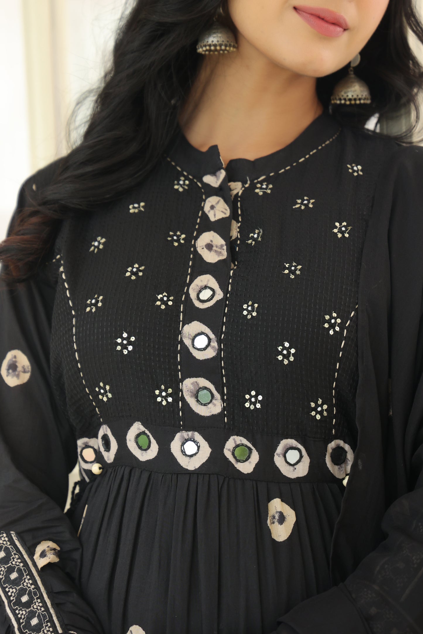 Black Bandhej Cotton Anarkali Malmal Suit Set with Mirror Embellished Neckline