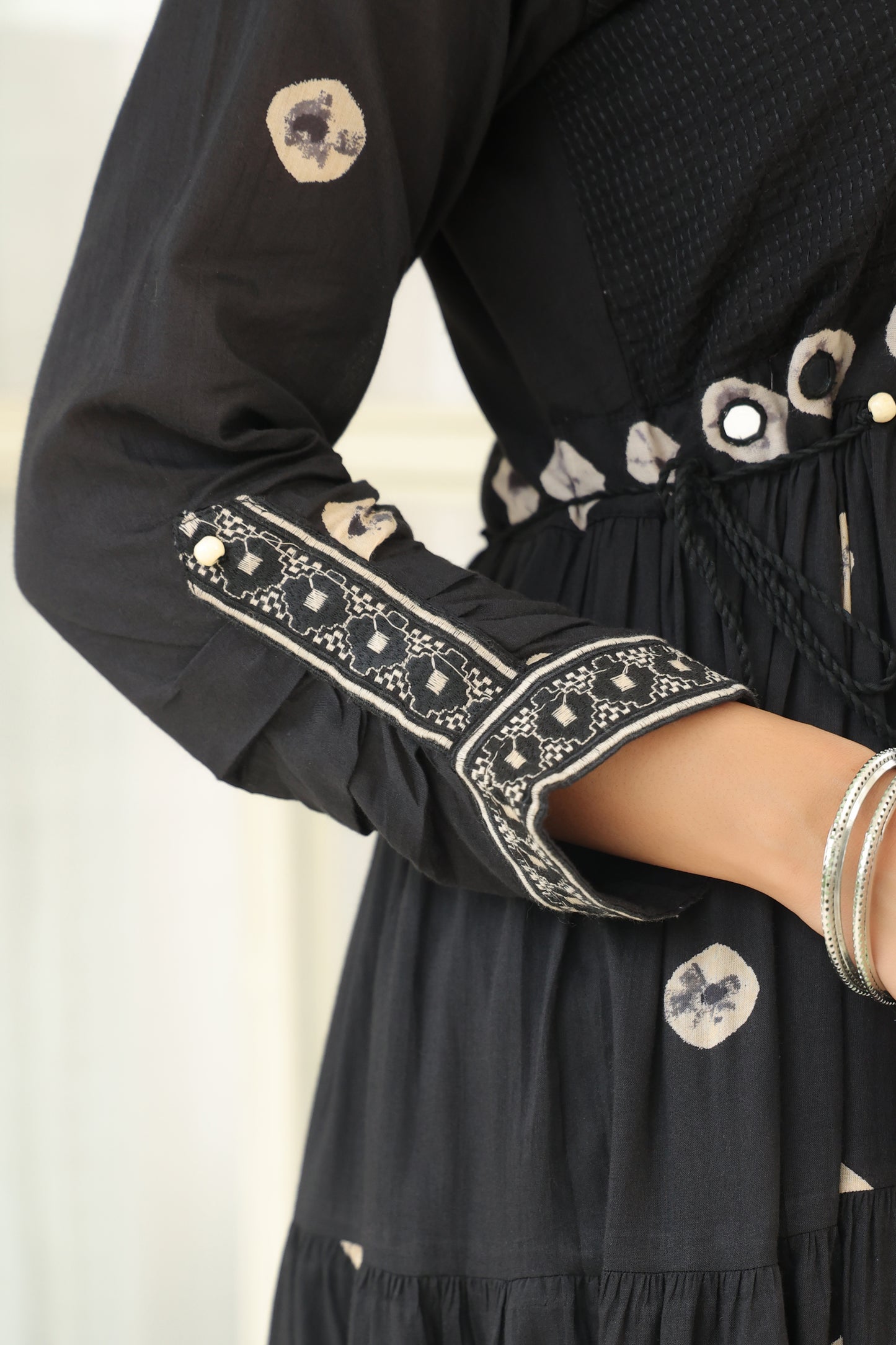 Black Bandhej Cotton Anarkali Malmal Suit Set with Mirror Embellished Neckline