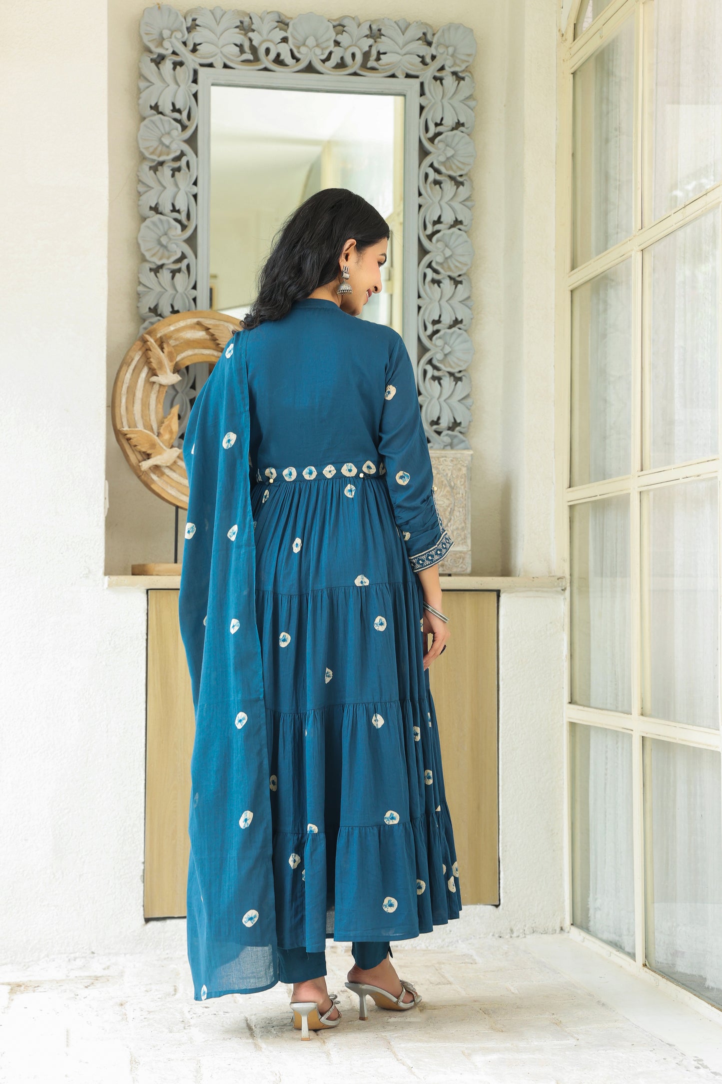 Teal Bandhej Cotton Anarkali Malmal 3-Piece Suit with Mirror Work and Tassels