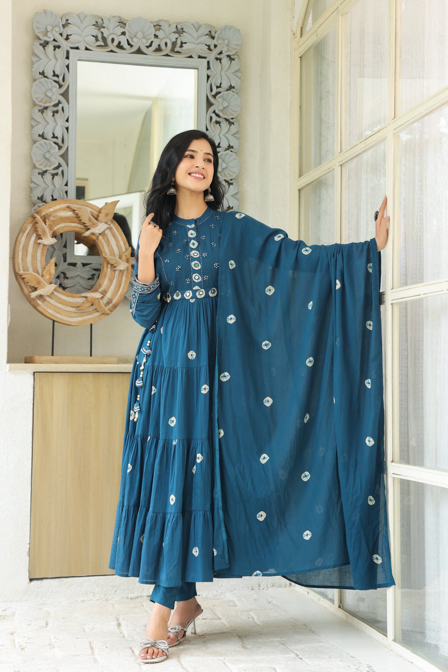 Teal Bandhej Cotton Anarkali Malmal 3-Piece Suit with Mirror Work and Tassels