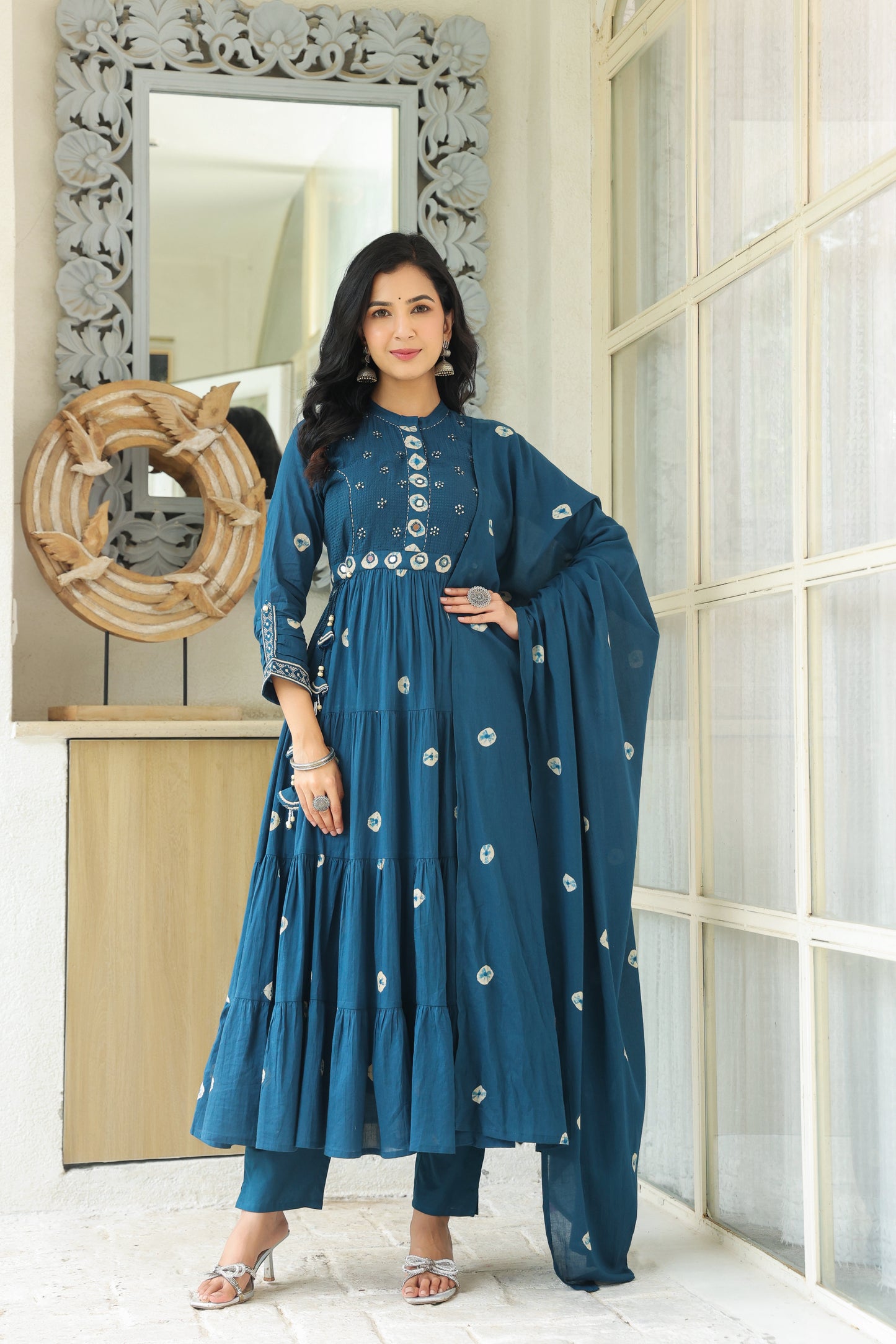 Teal Bandhej Cotton Anarkali Malmal 3-Piece Suit with Mirror Work and Tassels
