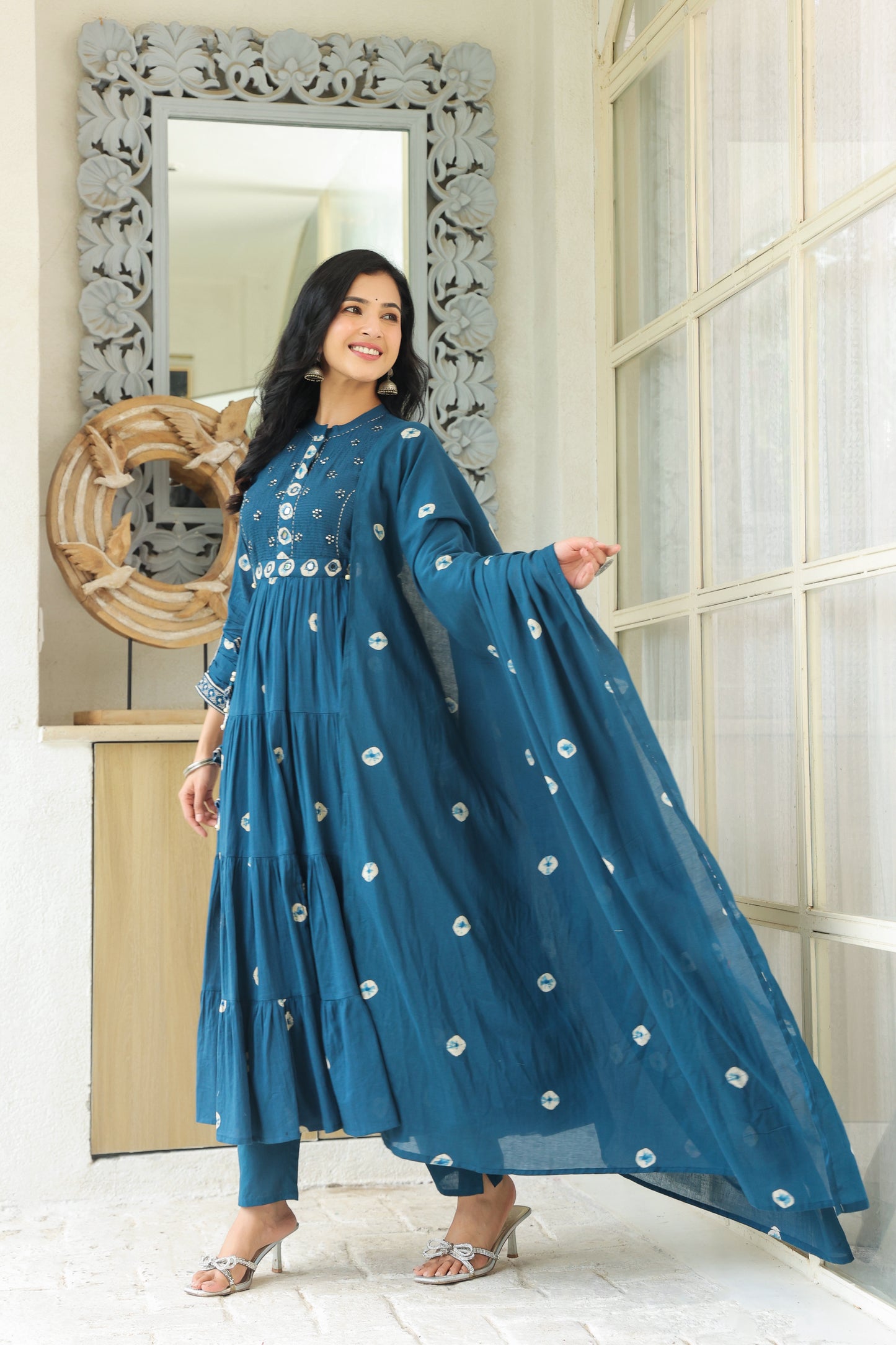 Teal Bandhej Cotton Anarkali Malmal 3-Piece Suit with Mirror Work and Tassels