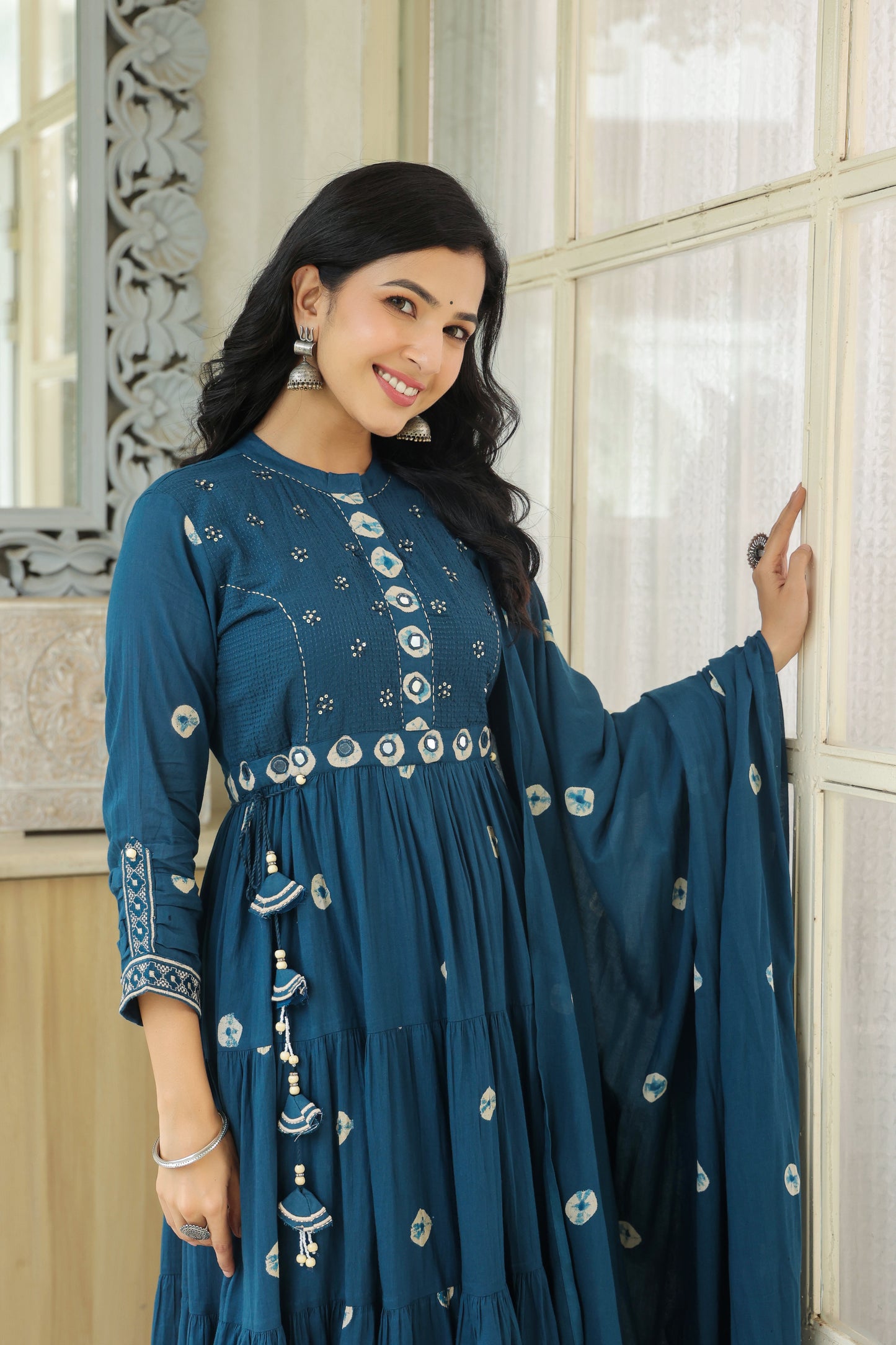 Teal Bandhej Cotton Anarkali Malmal 3-Piece Suit with Mirror Work and Tassels