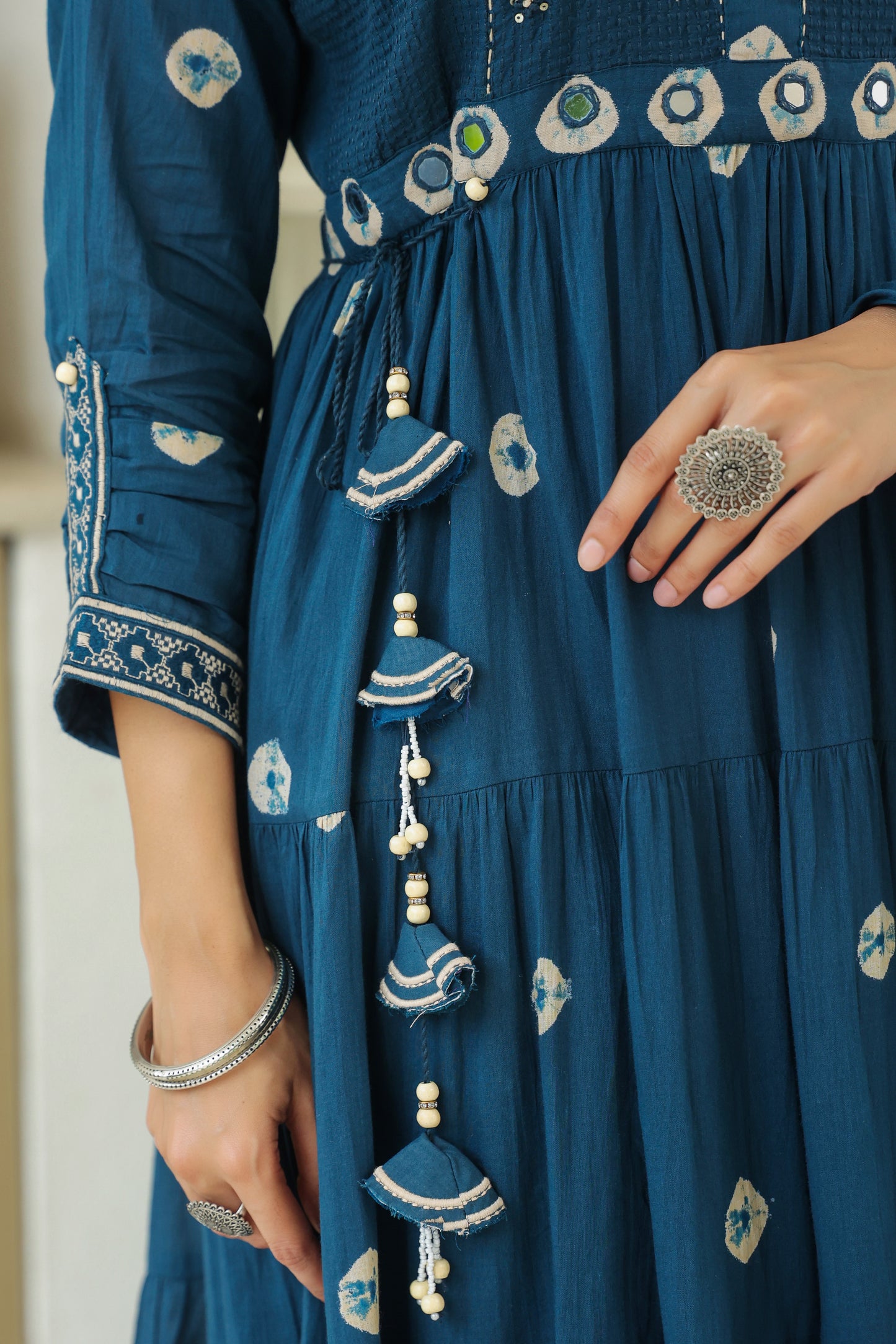 Teal Bandhej Cotton Anarkali Malmal 3-Piece Suit with Mirror Work and Tassels
